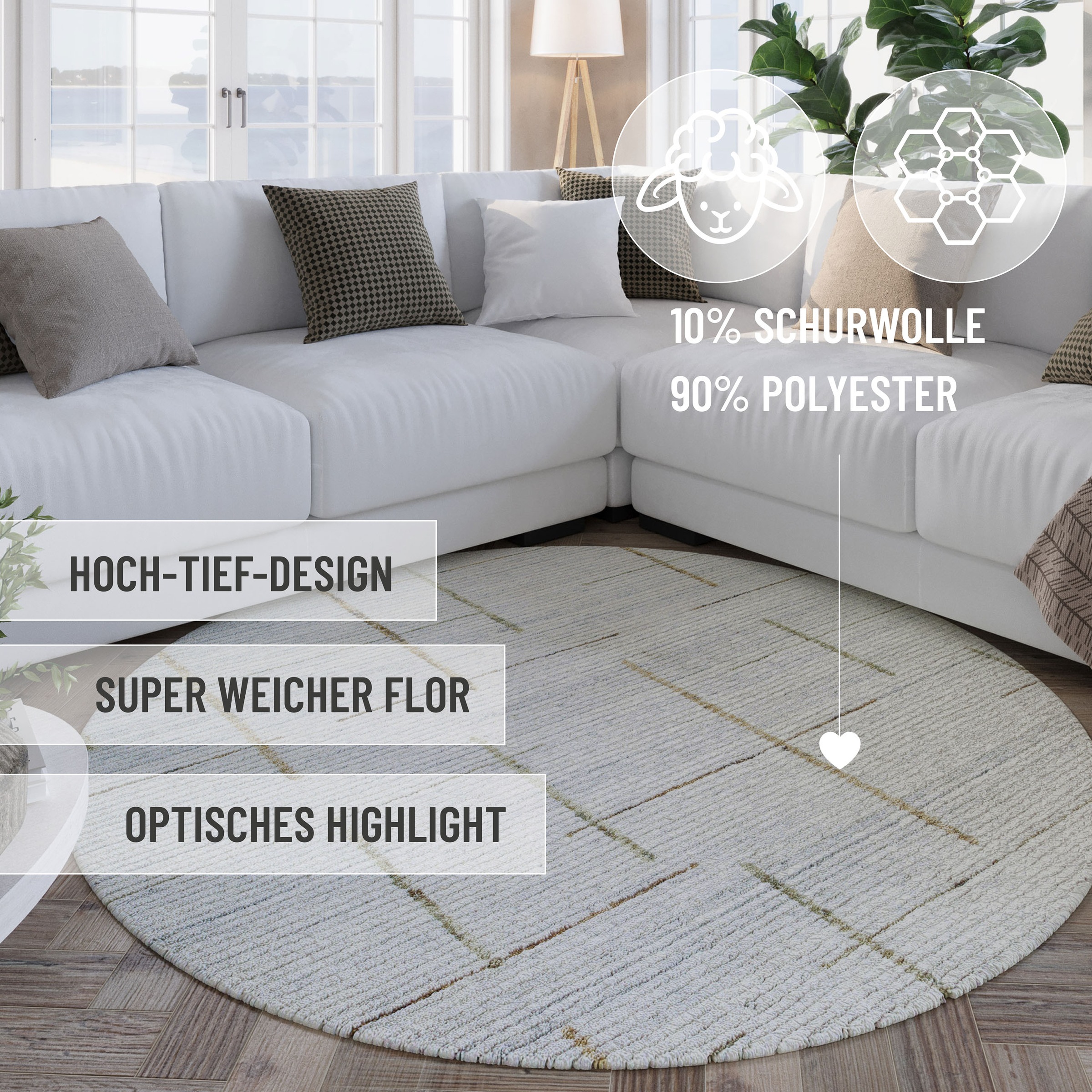 Wecon home Teppich »Hamptons TWENTYTWO« rund 10 mm Höhe Fasermix, Kurzflor, Wohnzimmer, elegant, geometrisches Muster