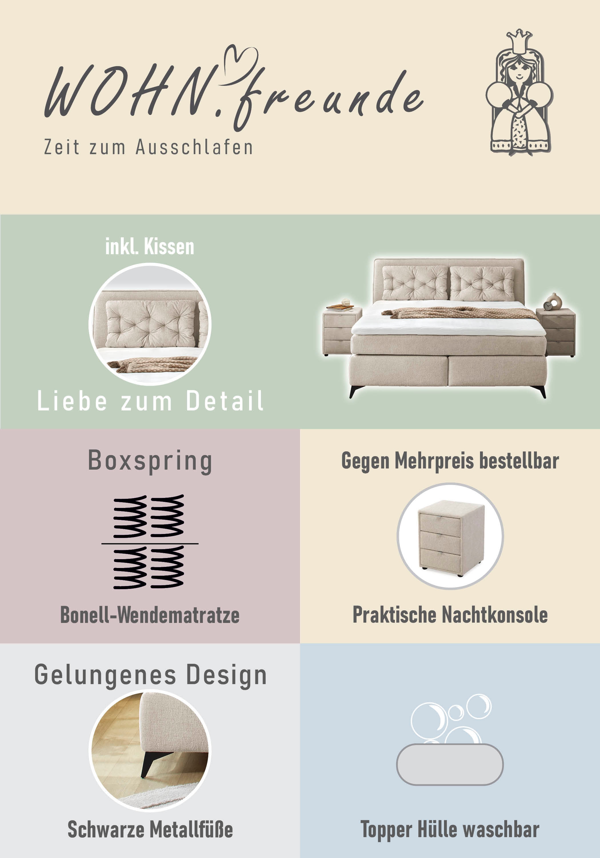 Jockenhöfer Gruppe Boxspringbett »Chalet, inklusive Kissen« Wende-Bonell-Federkern-Matratze (H2/H3), PU-Schaum Topper
