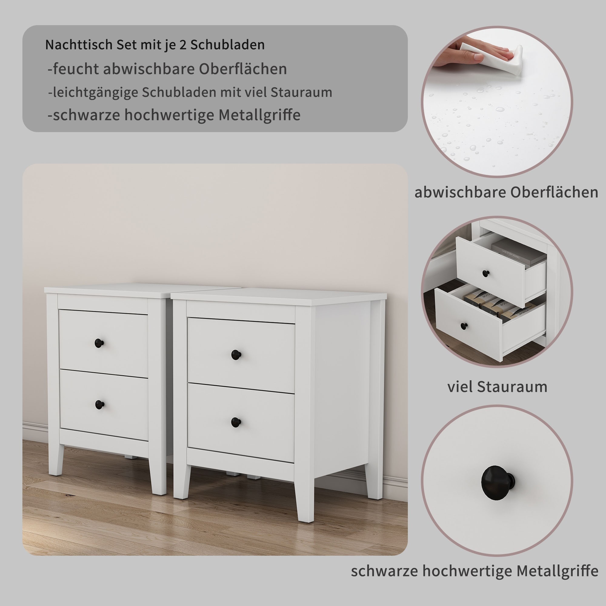 GOODproduct Table de nuit »Borkum Nachttisch Set im Landhaus Design weiss Bestseller« Set, 2 Schränke im Set, schwarze Griffe aus Metall,  Nachttisch Set mit je 2 Schubladen , Beistelltisch