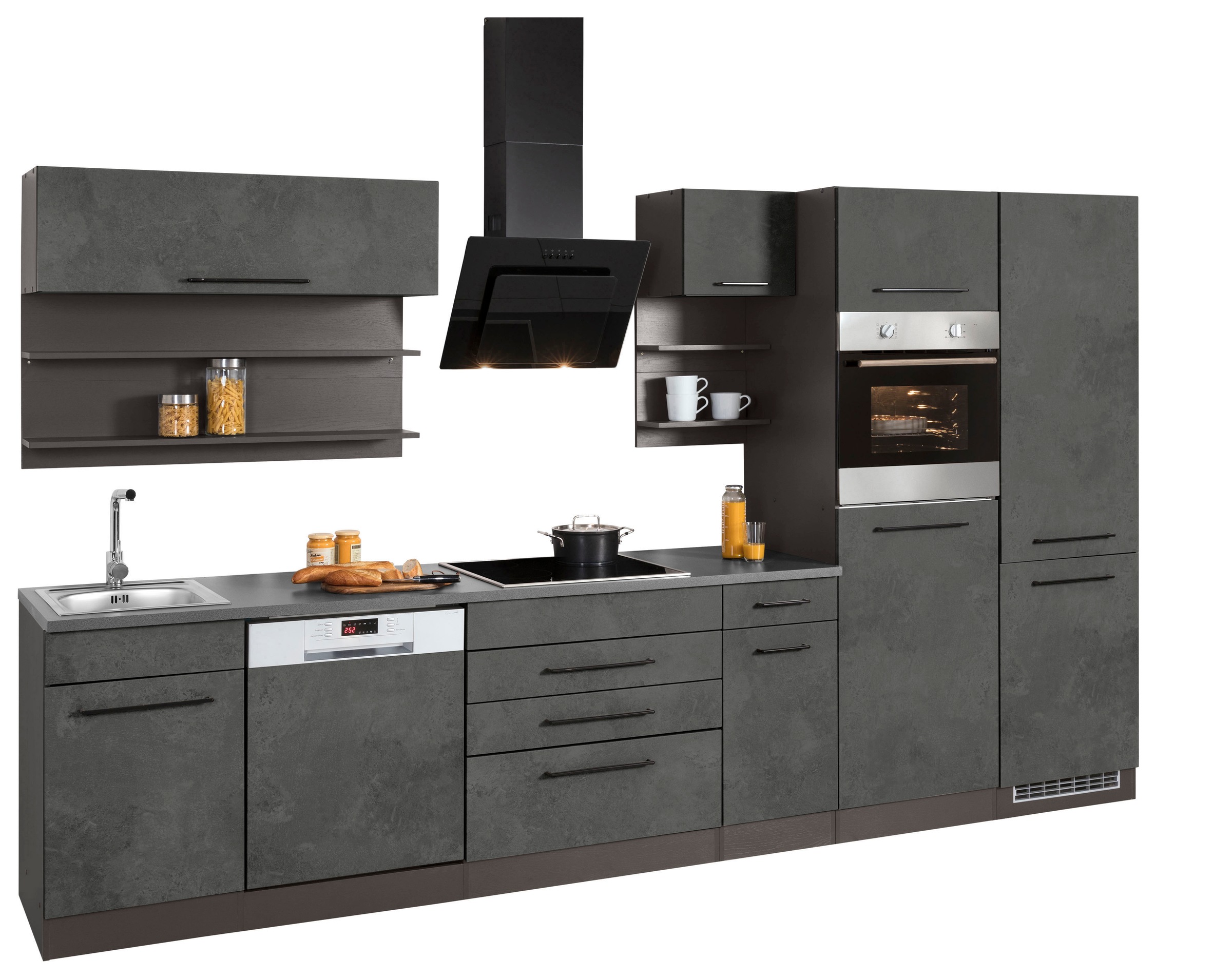 KOCHSTATION Küchenzeile »KS-Tulsa« ohne E-Geräte, Breite 350 cm, schwarze Metallgriffe, MDF Fronten