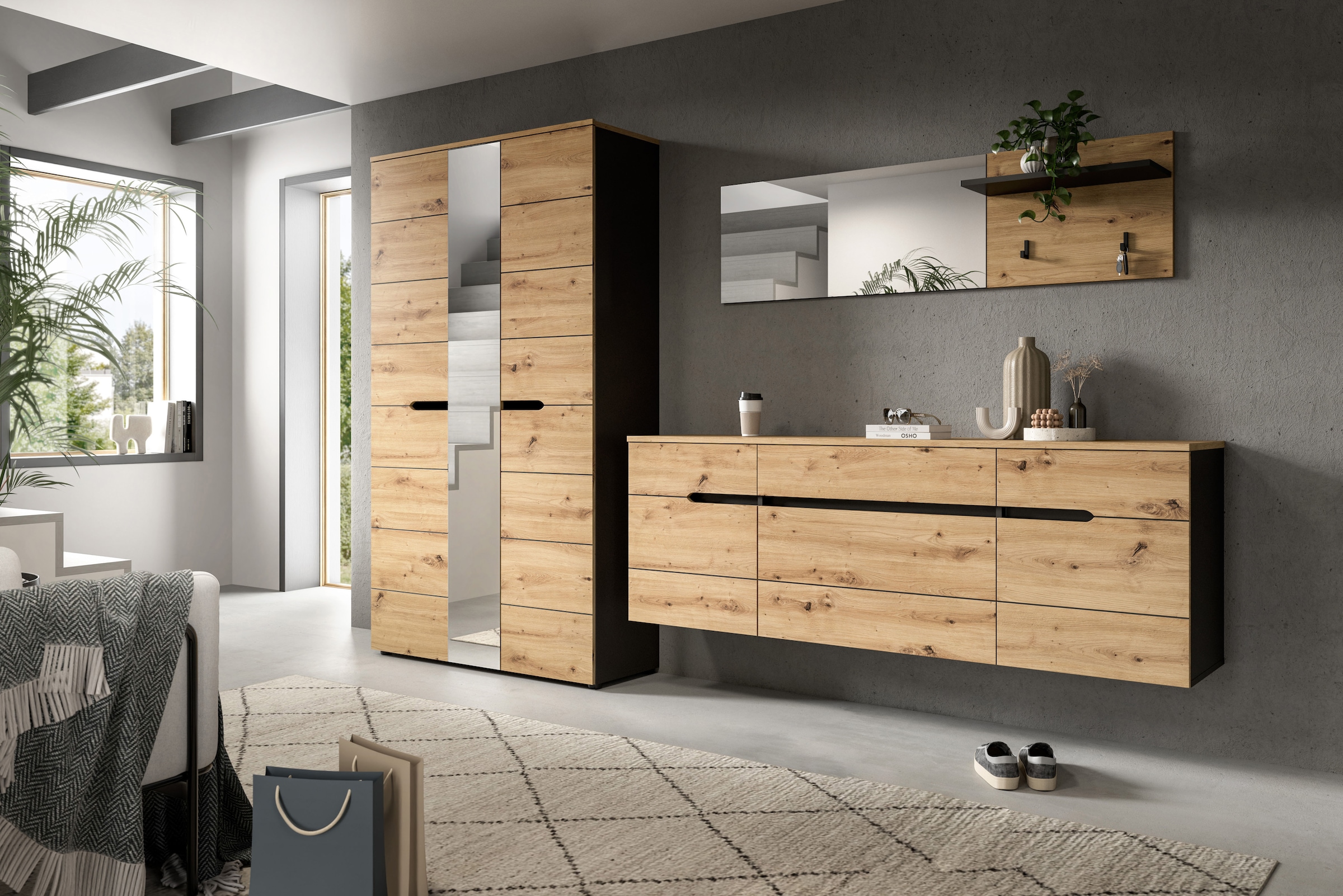 Home affaire Garderoben-Set »REHAT, TOPSELLER!, 3-teilig, Breite 296 cm, individuell stellbar« Set, best. aus: Garderobenschrank, Hängeschrank & Garderobenpaneel, 3 Stk. tlg.