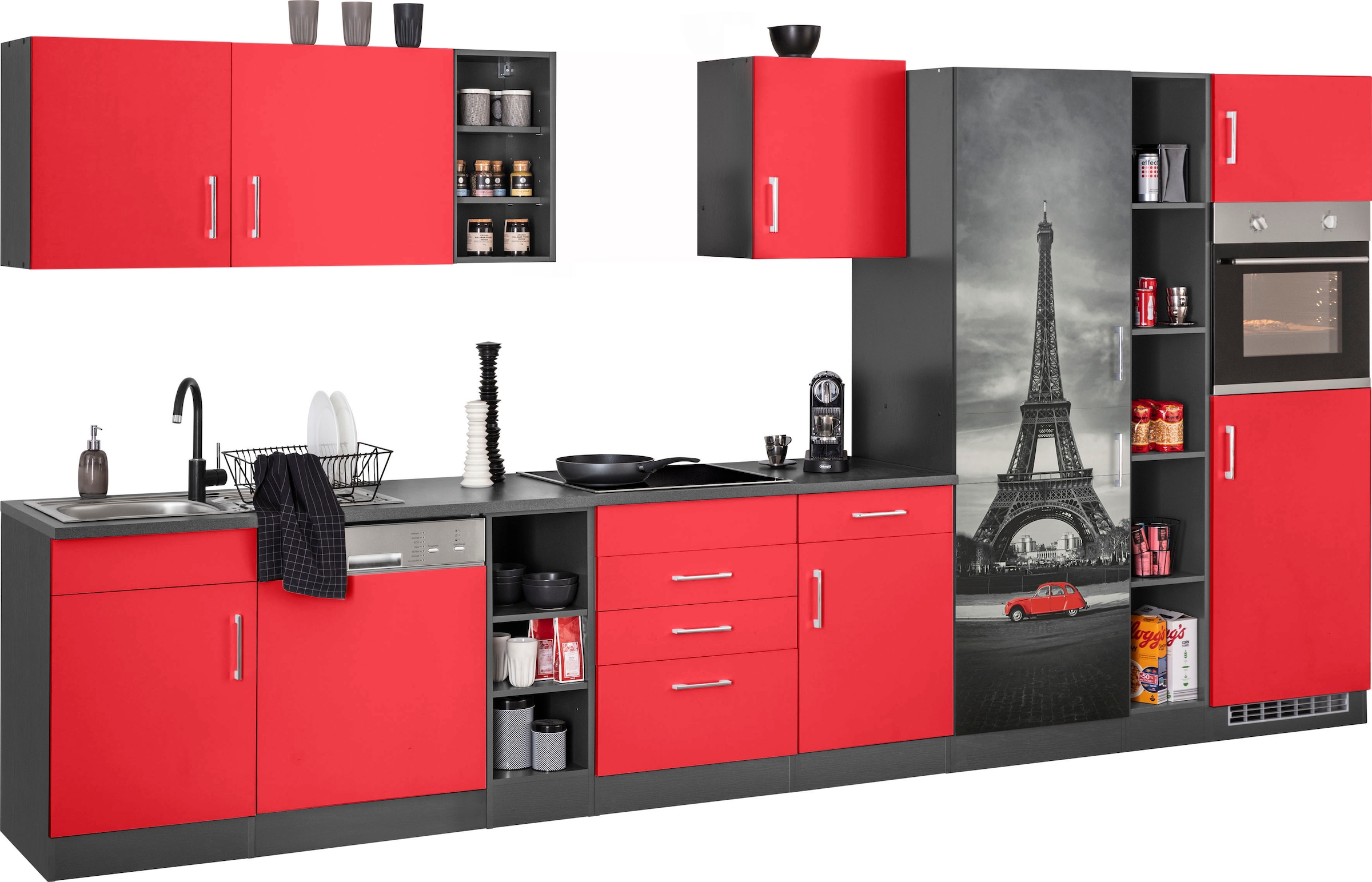 KOCHSTATION Kitchenette »KS-Paris – Küchen mit einzigartigen Fotomotiven auf den Fronten« largeur 400 cm, au choix avec appareils électriques et induction
