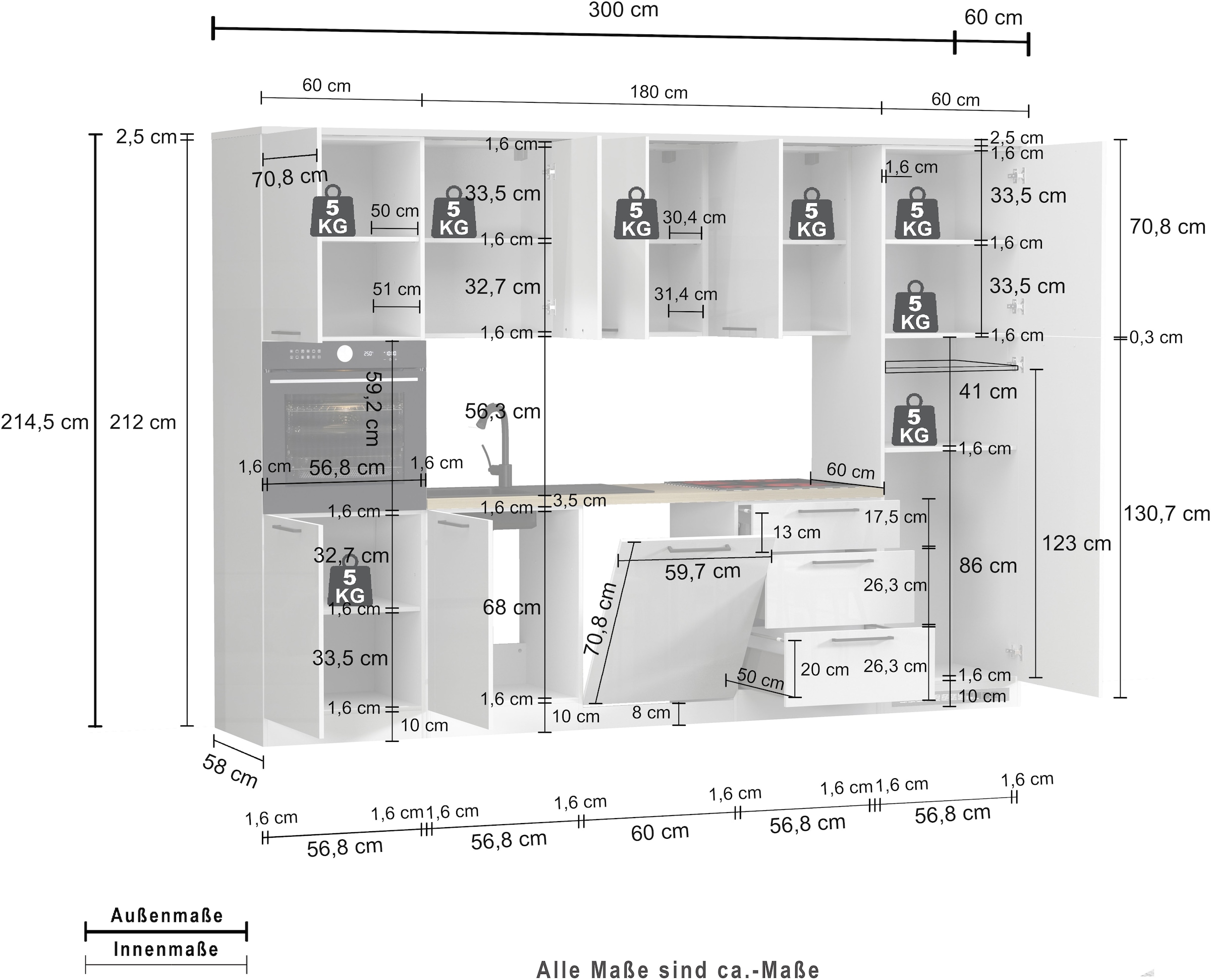 KOCHSTATION Kitchenette »KS-Luna, Einbauküche, Zeilenküche, Küchenblock« Breite 300 cm, wahlweise mit Hanseatic-E-Geräten, APL 35mm stark