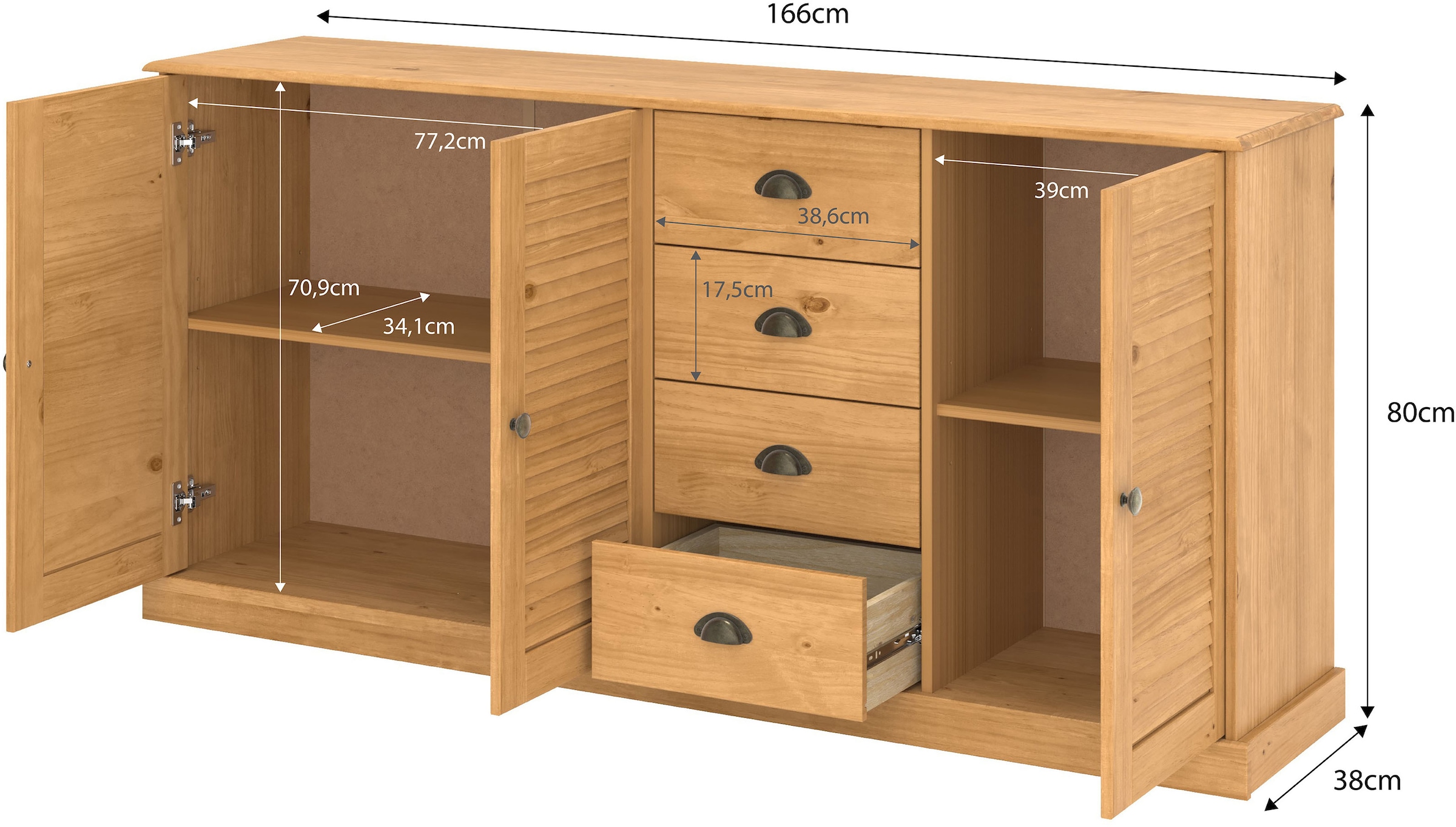 GOODproduct Sideboard »Turia, mit Lamellentüren« Kommode aus massivem Kiefernholz, FSC®, 4 Schubkasten, Breite 166 cm