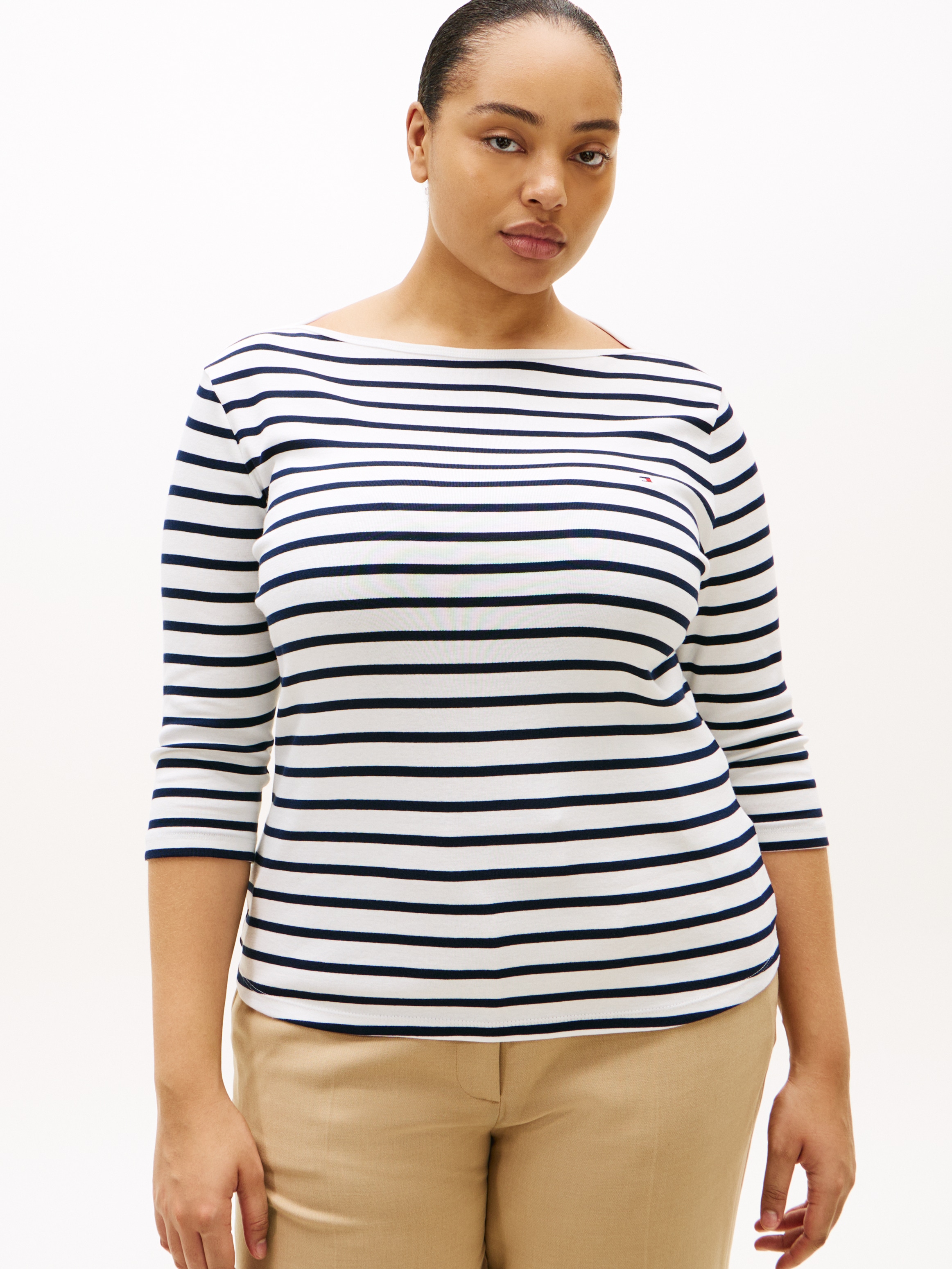 Tommy Hilfiger Curve T-Shirt »CRV SLIM CODY BOAT-NK 3/4SLV« in Grossen Grössen, 3/4 Ärmel, Logostickerei