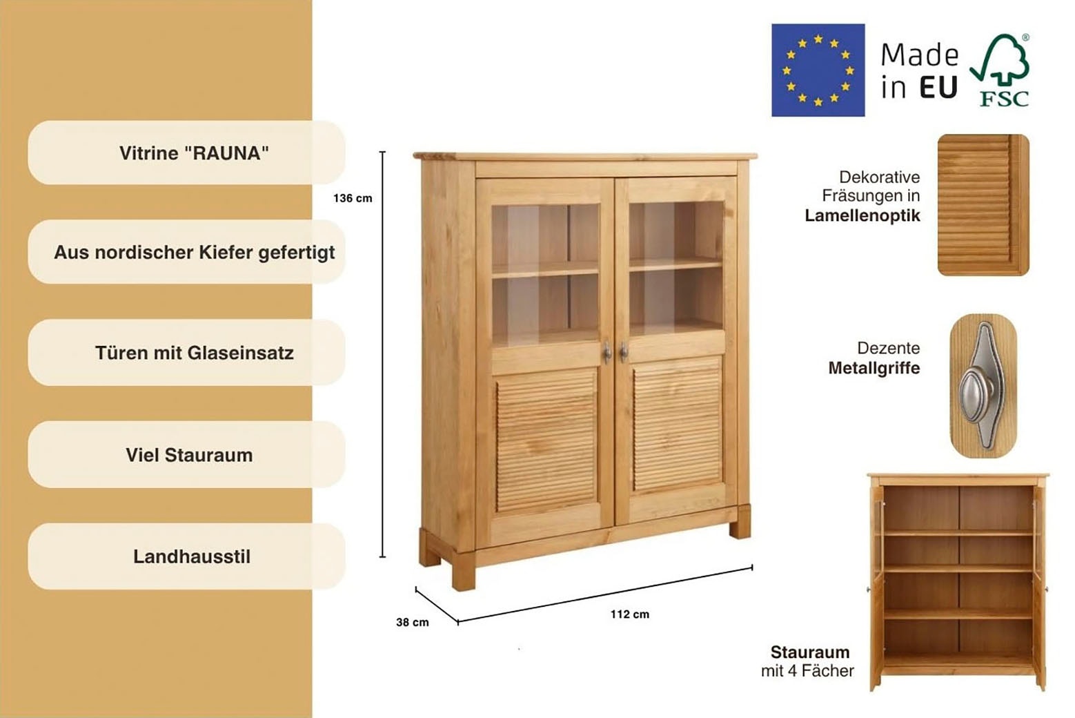 GOODproduct Buffet haut »Rauna« Vitrine, Breite 111,6 cm, aus massiver Kiefer