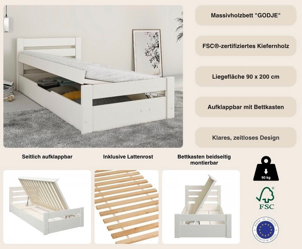 Lüttenhütt Massivholzbett »"GODJE ", TOPSELLER, zertifiziertes Massivholz (Kiefer)« Bettkasten beidseitig montierbar (rechts oder links zu öffnen),  seitlich aufklappbarer Bettkasten mit viel Stauraum, skandinavisch