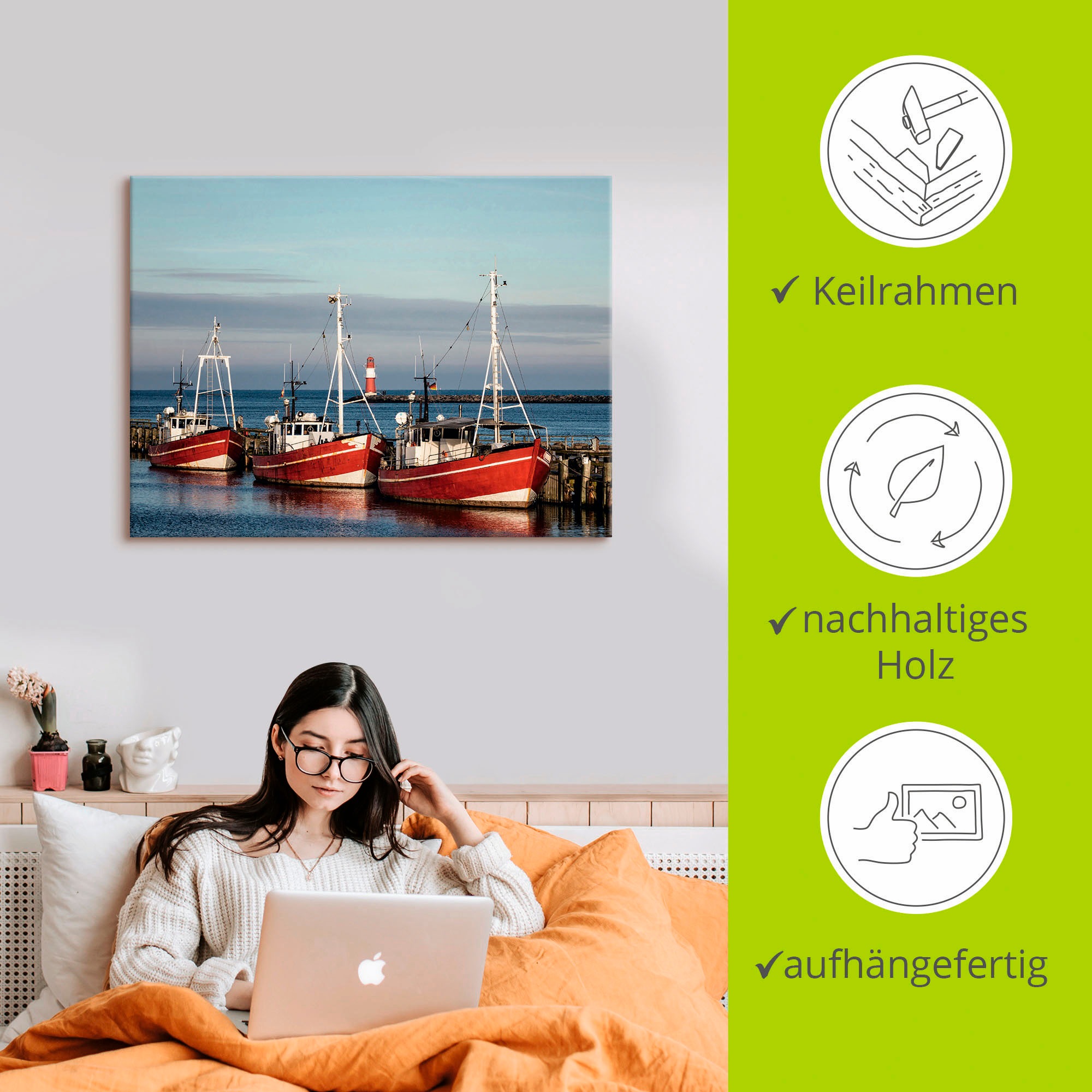 Artland Leinwandbild »Fischerboote und Mole in Warnemünde« Boote & Schiffe 1 Stk. tlg. auf Keilrahmen gespannt