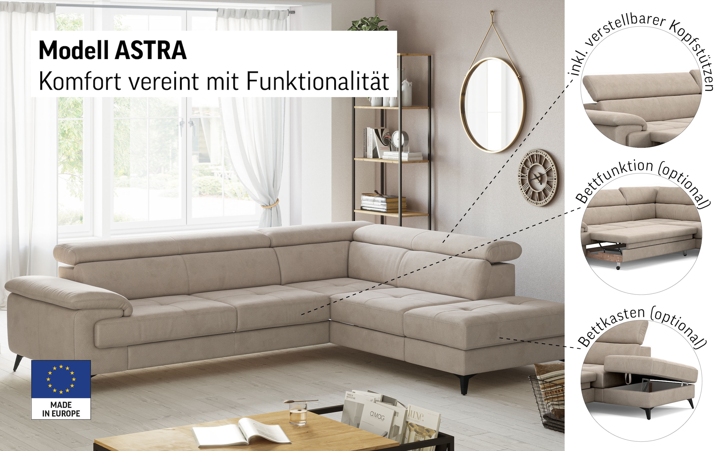COTTA Canapé d'angle »Astra L-Form, B: 286 cm« mit Kopfteilverstellung, optional Bettfunktion & Bettkasten