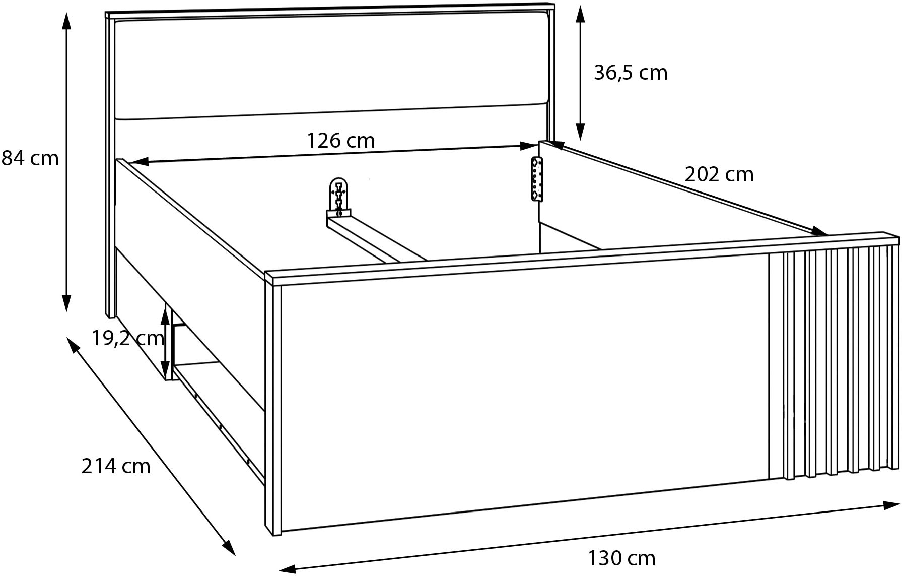 FORTE Lit »Bett mit Stauraum 2 SK, Kopfteil gepolstert« L/H/P 130/84/213 cm, disponible en 2 couleurs