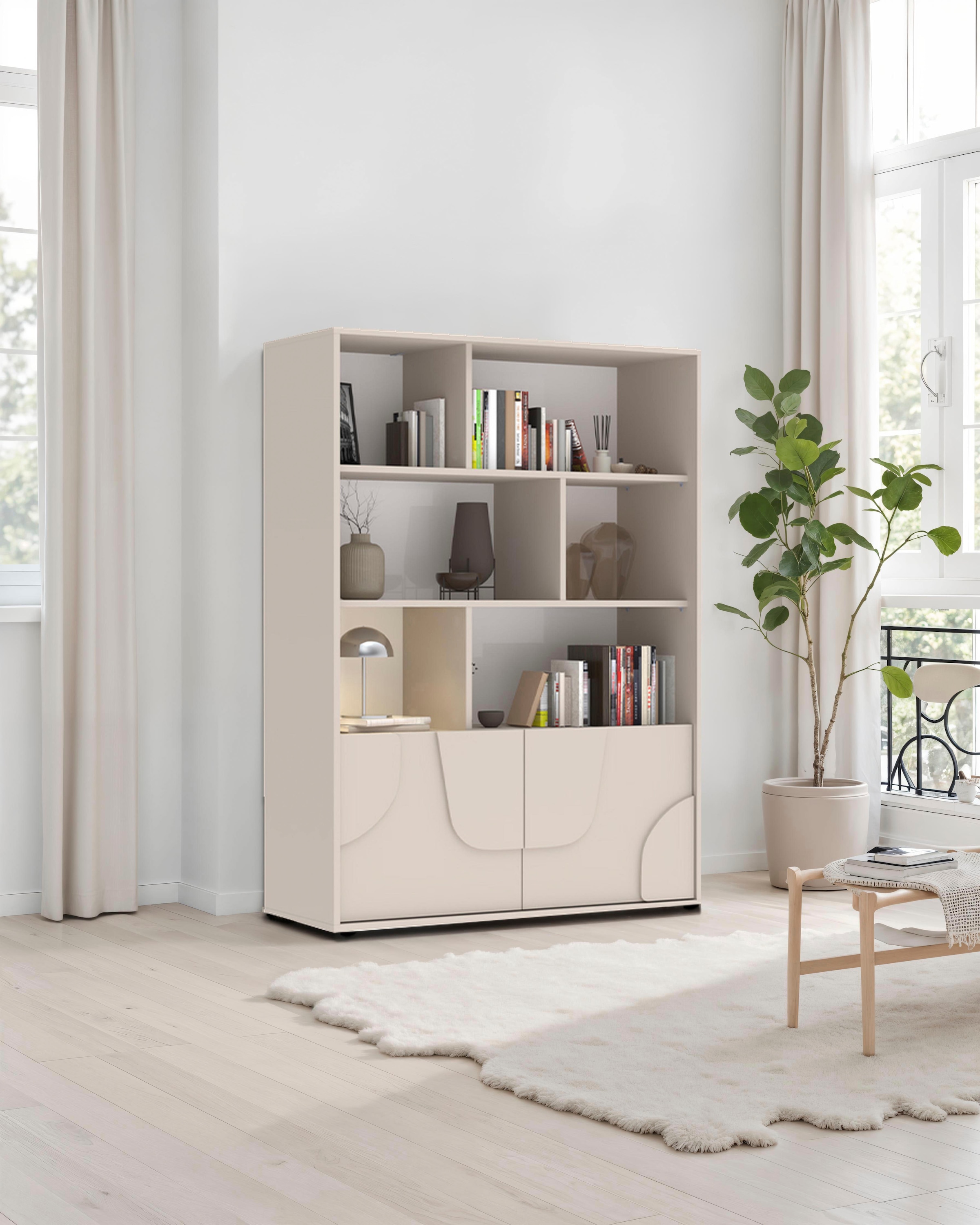 INOSIGN Highboard »Stone, H 155/141, B 105 cm, 2 Türen, 6 offene Fächer, Regal-Schrank« 3D-Design, Push-to-open, Stauraum dekorativ & praktisch, Füsse wählbar