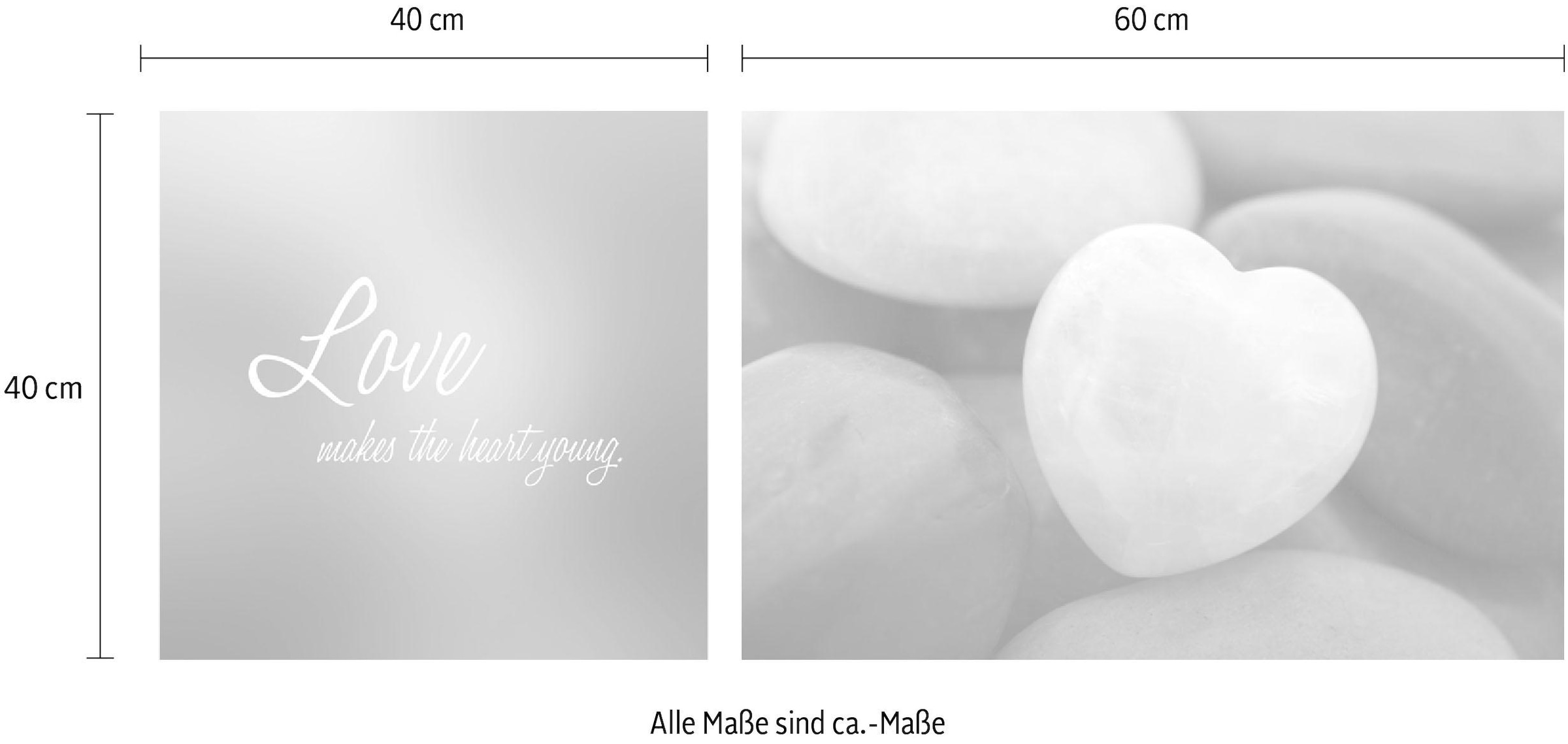 queence Leinwandbild »Love« Herz | Herzbilder | Kunst | Modern | Schriftzug | Schriftzüge | Spa | Spa Bilder | Sprüche | Sprüche & Texte | Stein Set,  Premium-Leinwandstoff, Handarbeit aus Deutschland, Spruch, 2er Set