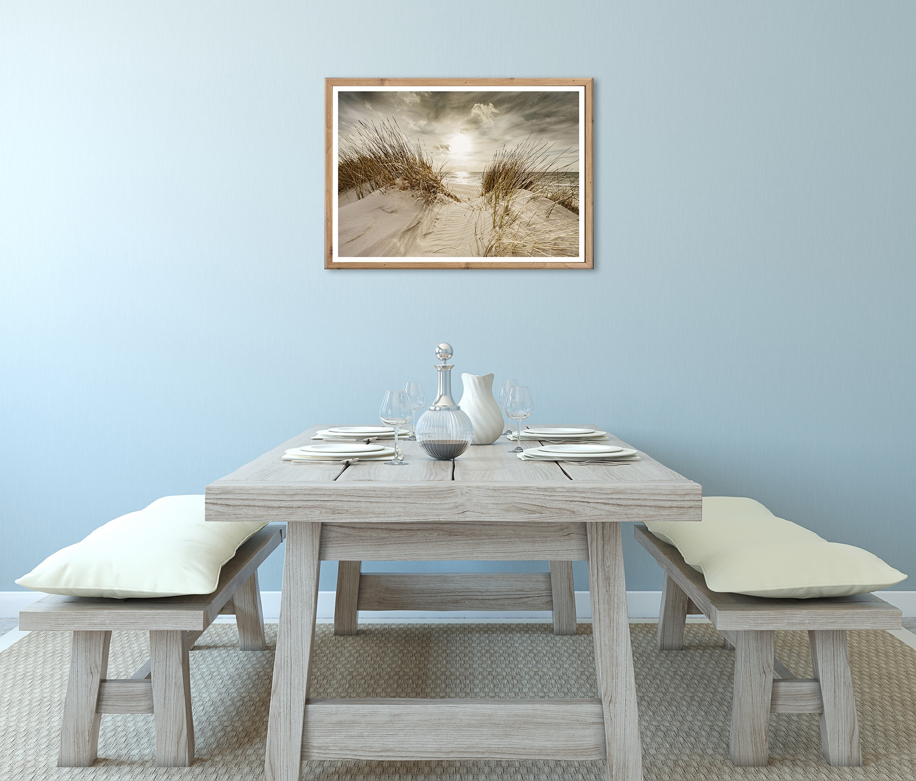 Bönninghoff Tableau avec cadre »Wandbild gerahmt STRANDSONNE 50x70 cm – Maritime Wanddeko Dünen« Côte | Dune | Herbes | Lever et coucher du soleil | Mer | Nature | Paysage | Plage 1 cuis tlg. avec cadre décoratif