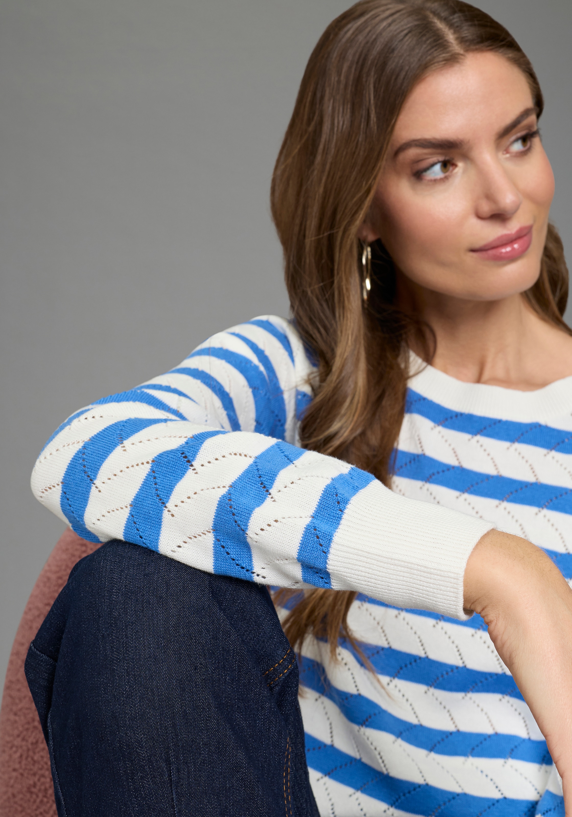 Laura Scott Pull ajouré leichter Übergangspullover mit moderner Struktur und Streifen