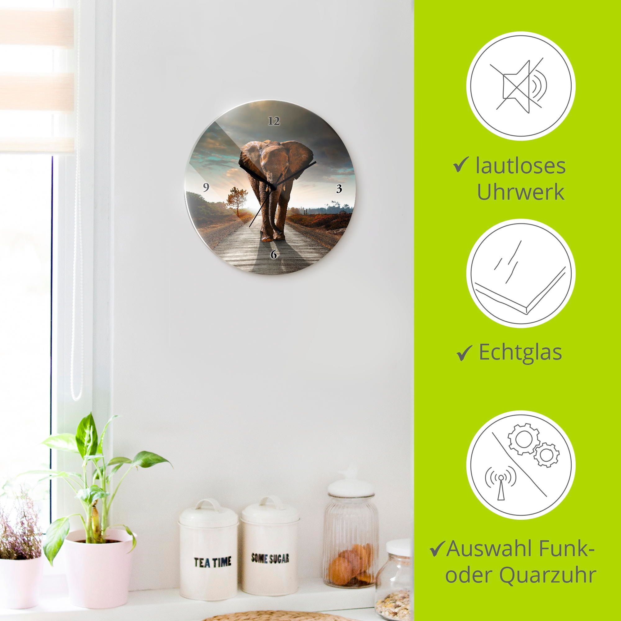 Artland Horloge murale »Ein Elefant läuft auf der Strasse« wahlweise mit Quarz- oder Funkuhrwerk, lautlos ohne Tickgeräusche
