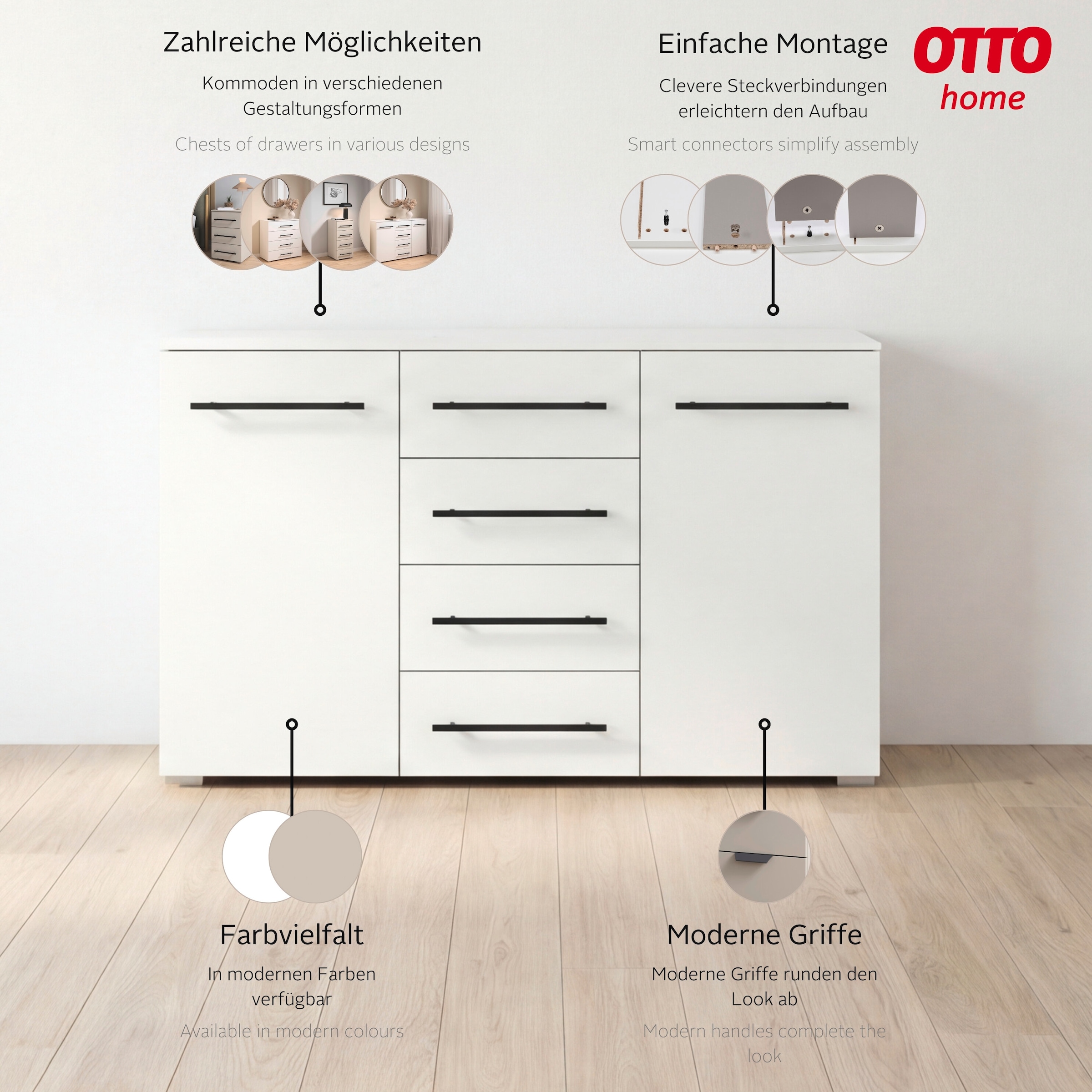 GOODproduct Kombikommode »Sideboard Türkommode Schubladenkommode Kommode RONDO« Breite 120 / Höhe 81 cm, 4 Einlegeböden,  mit 4 geräumigen Schubladen Metallgriff in Schwarz MADE IN GERMANY