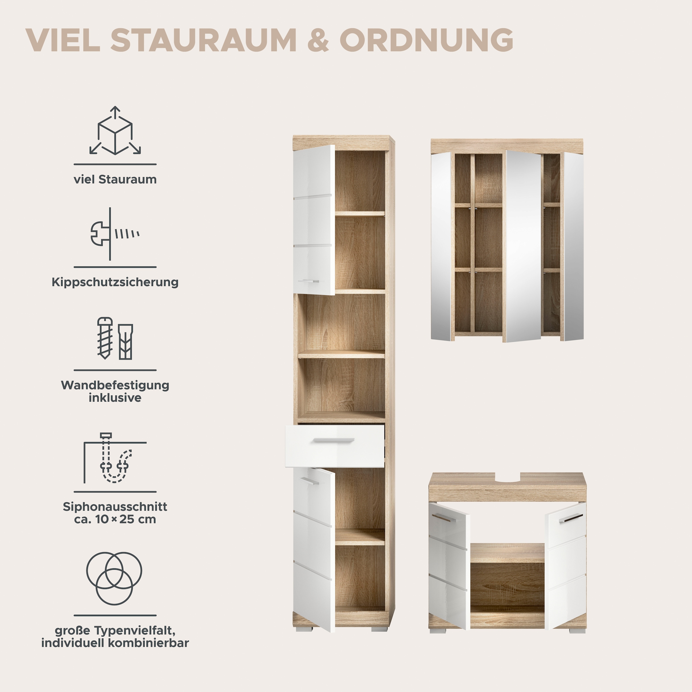 welltime Ensemble de meubles de salle de bain »SIENA, 3 teilig, bestehend aus:« Ensemble, BEST-SELLER !, 3 cuis tlg.
