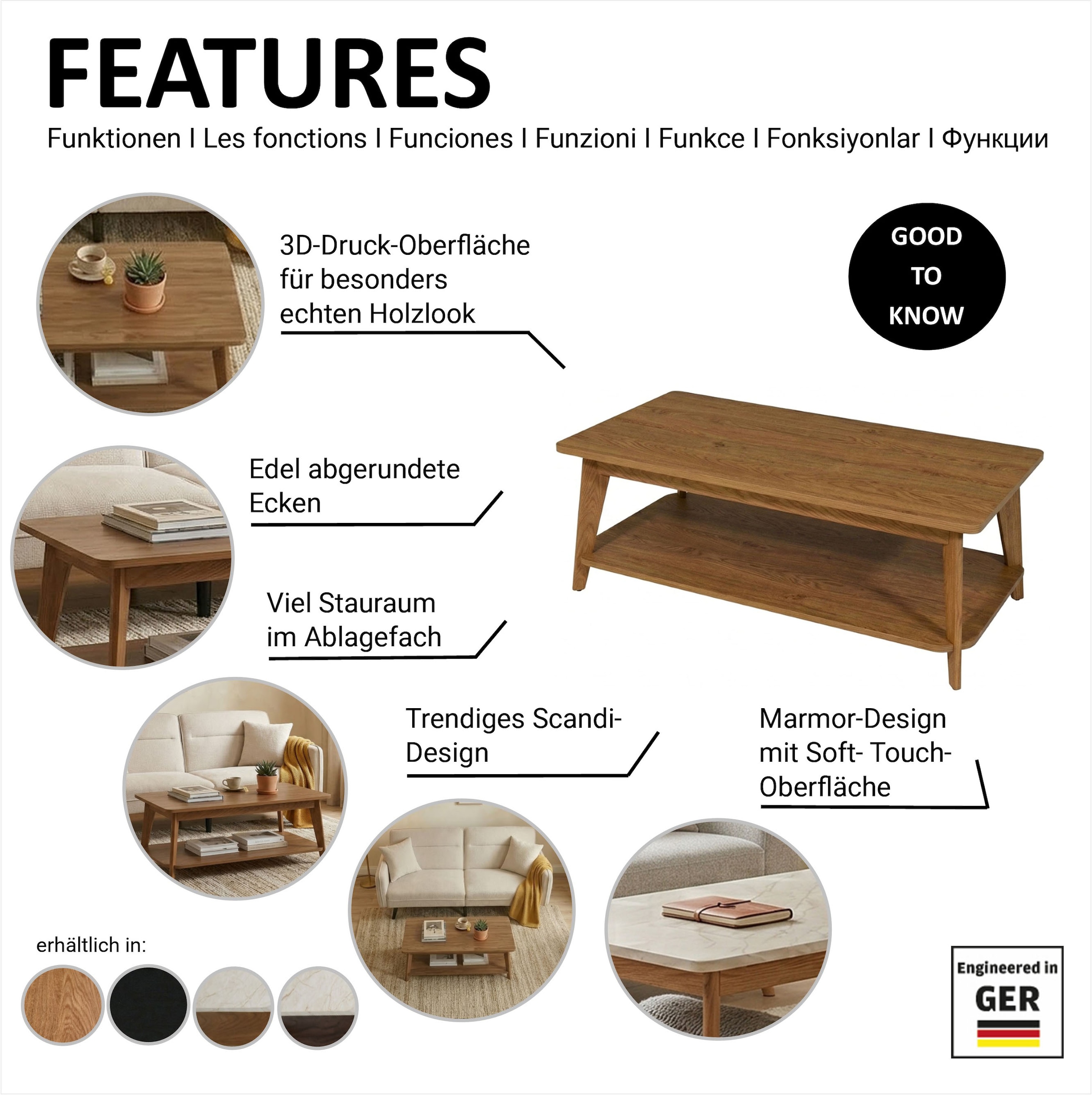 Jahnke Table basse »SIXTY COFFEE« Table basse, 2 niveaux, scandinave, aspect chêne et marbre, largeur : 110 cm