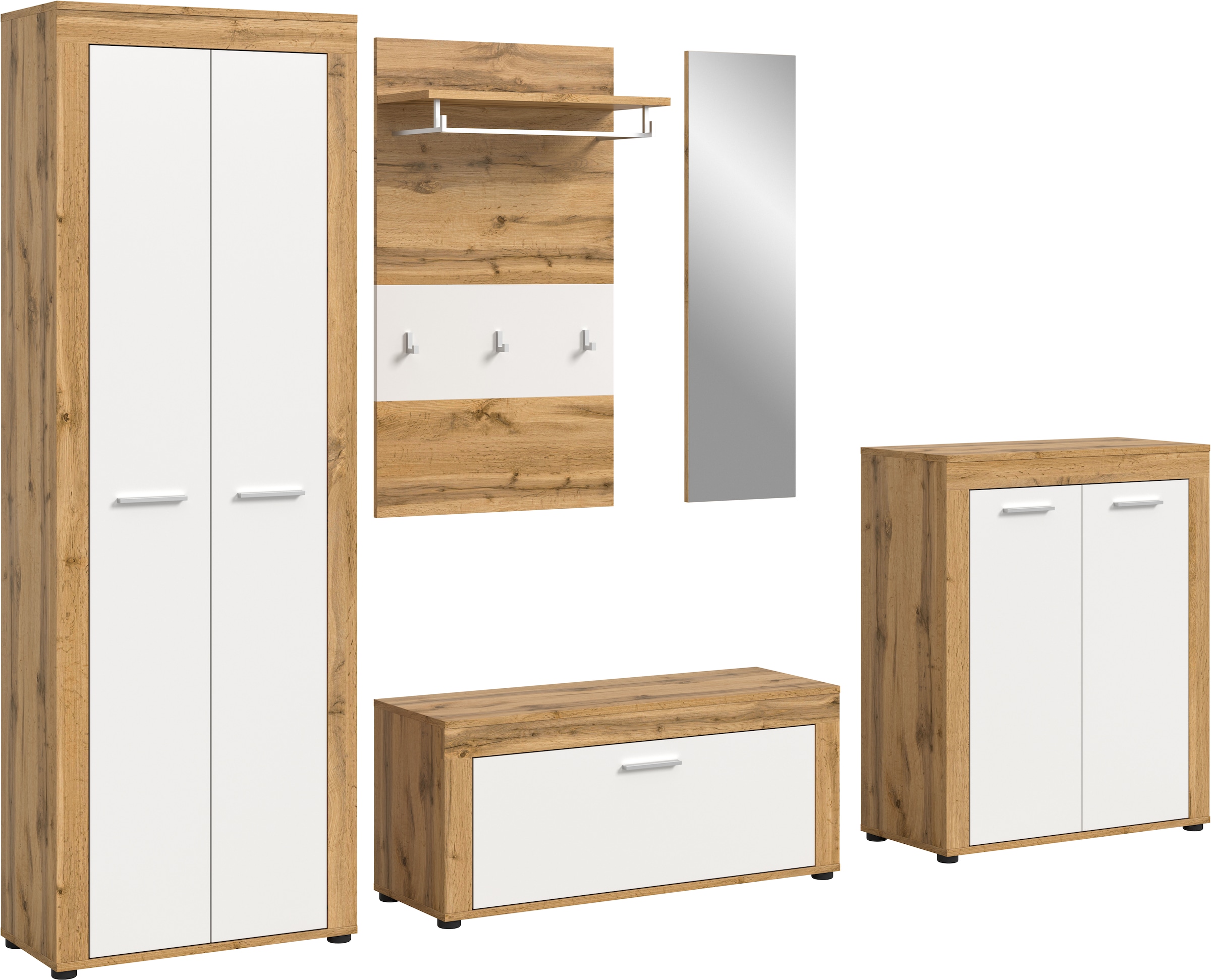 Home affaire Garderoben-Set »AOSTA, TOPSELLER!, Breite 285cm, 5-teilige Garderobenkombination« Set, bestehend aus: Garderobenschrank, Sitzbank, Paneel, Spiegel & Kommode, 5 Stk. tlg.