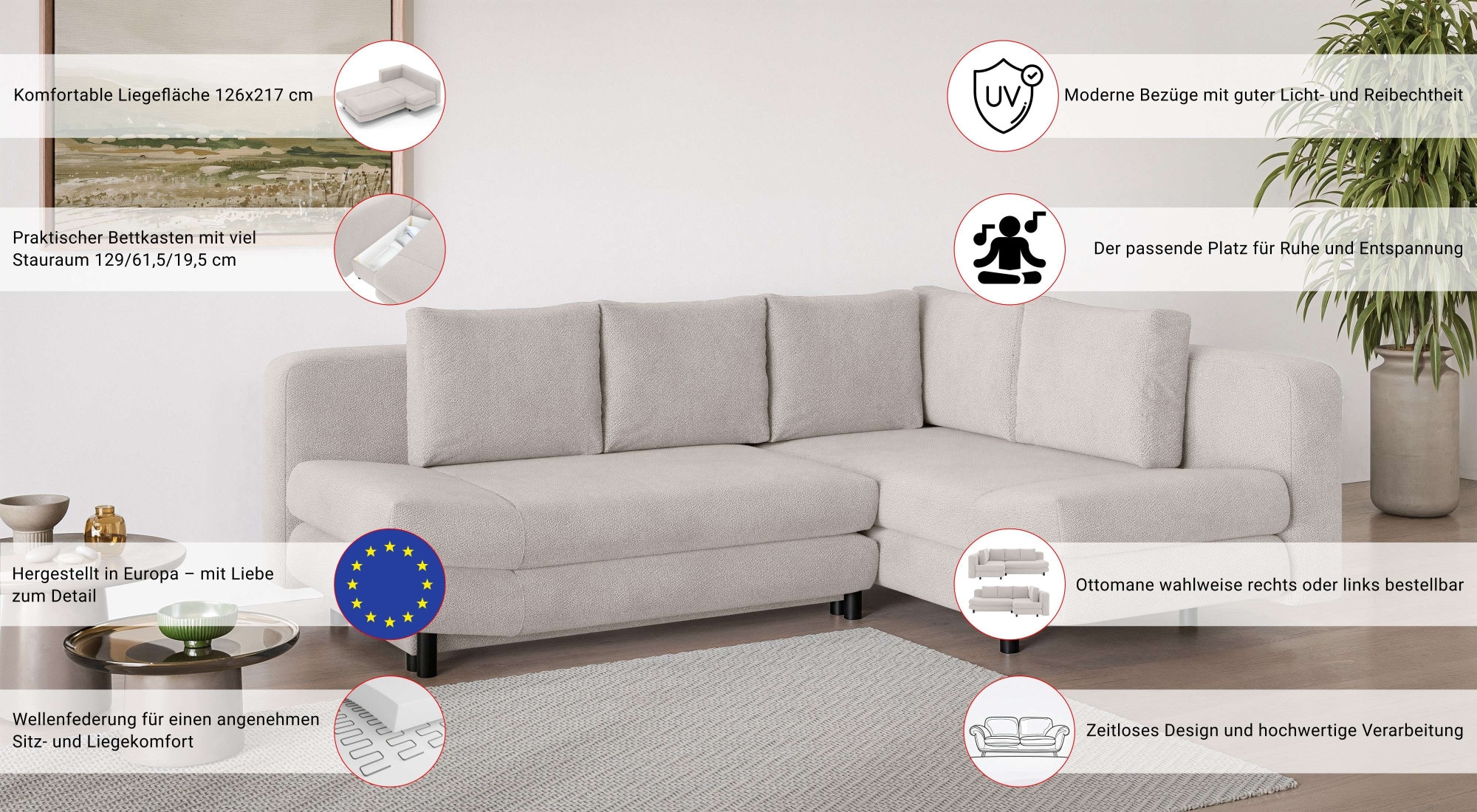 Home affaire Canapé d'angle »LENNARA Schlafsofa mit Bettkasten, Masse B/T/H: 234/179/85 cm« L-Form mit Ottomane rechts/links, mit Wellenunterfederung