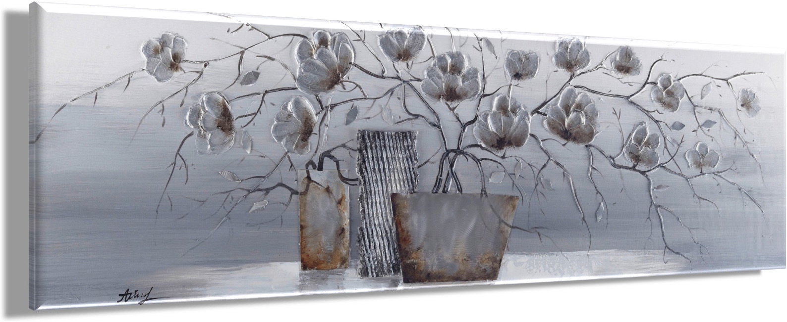 Bönninghoff Tableau à l'huile »Ölgemälde handarbeit BLUMENVASE 40x120 cm – Wandbild Kunst Deko modern« Fleurs | Images de fleurs | Vases et pots 1 cuis tlg. fabriqué à la main, chaque image est unique