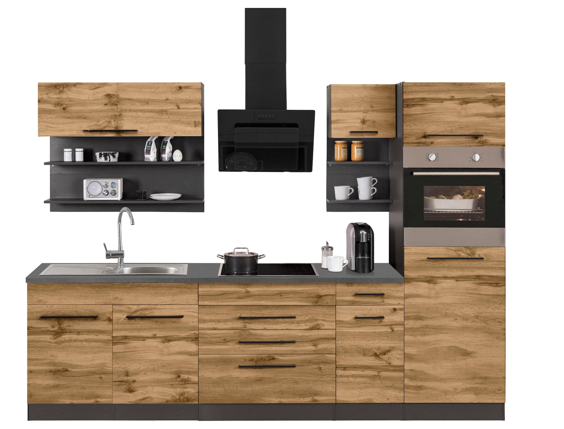 KOCHSTATION Küchenzeile »KS-Tulsa« ohne E-Geräte, Breite 290 cm, schwarze Metallgriffe, MDF Fronten