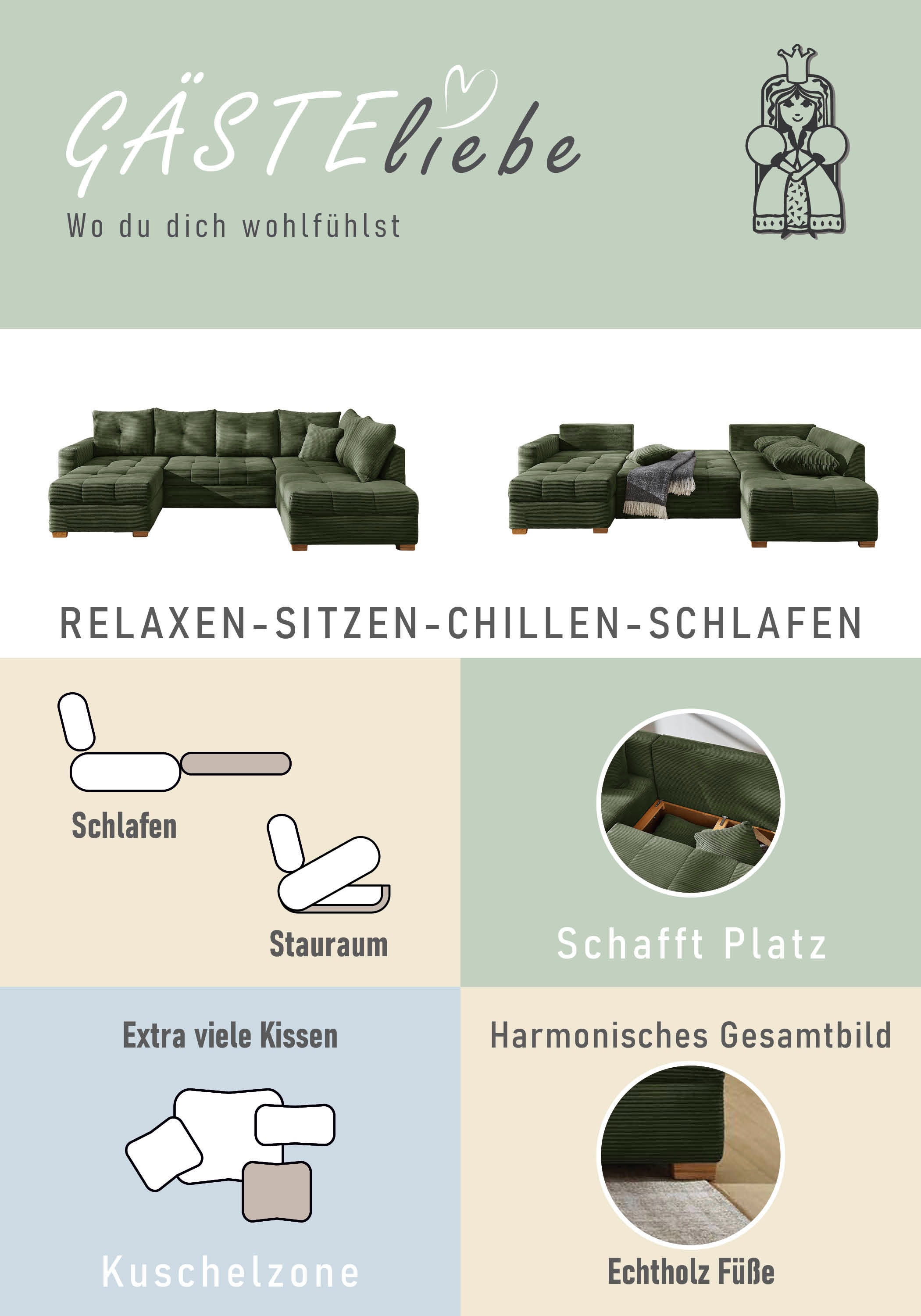 Jockenhöfer Gruppe Wohnlandschaft »Abby U-Form, B: 313 cm, inkl. Schlaffunktion« inkl Bettkasten,  grosse Liegefläche 273x147cm, Massivholz Füsse