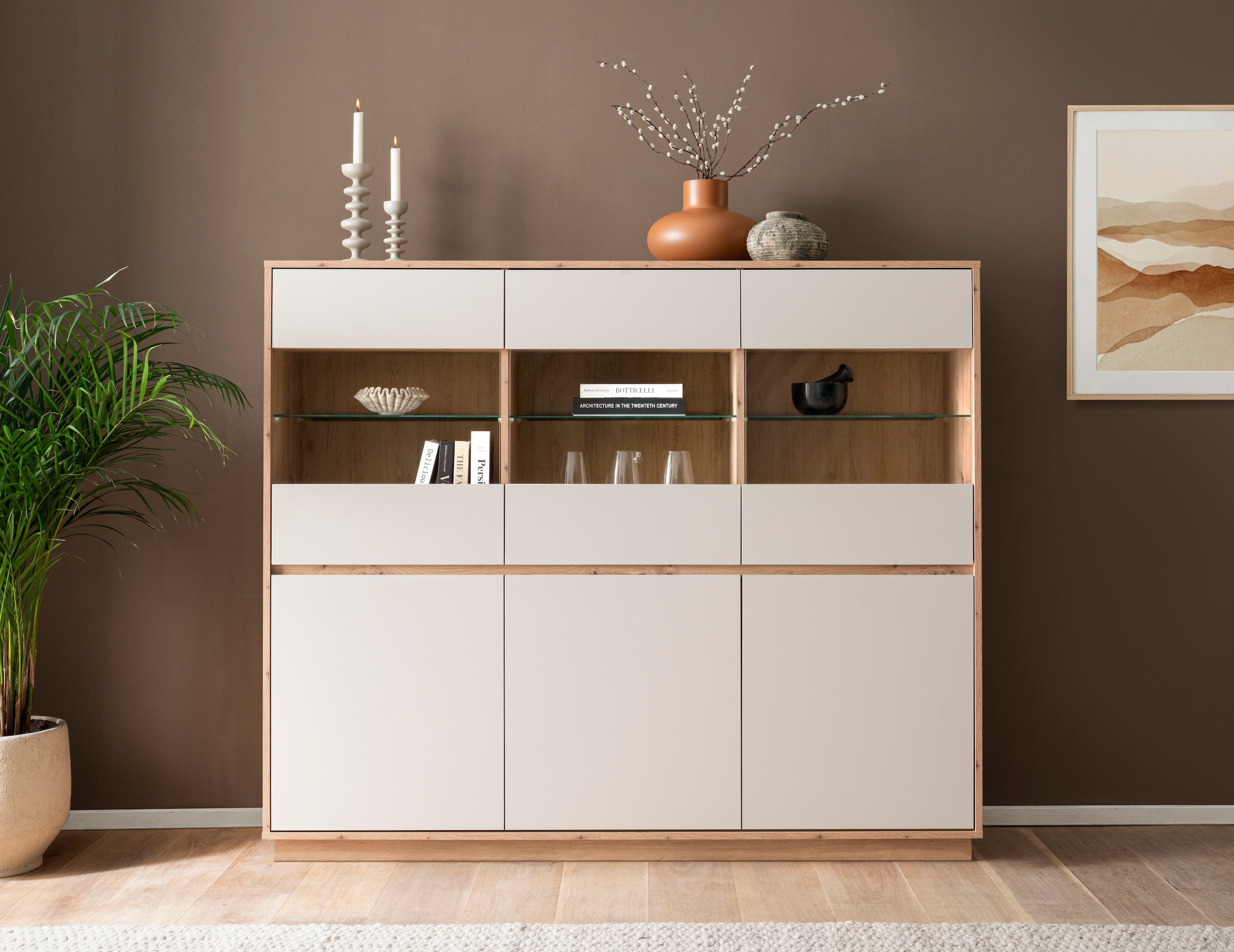 Home affaire Highboard »Sonora, moderner Schrank, Stauraumelement in Eiche Artisan, Kommode« filigrane Rahmenoptik, ausreichend Stauraum, vielseitig einsetzbar