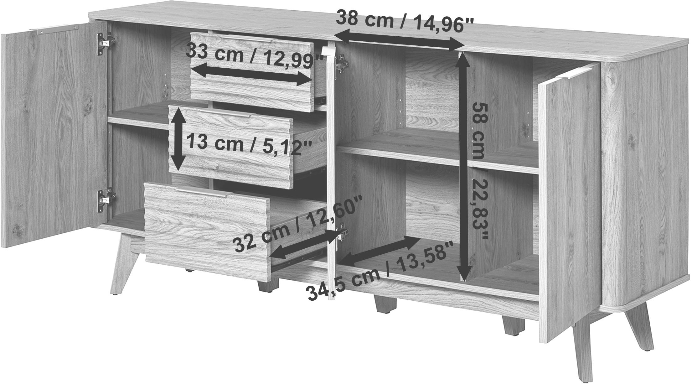 Jahnke Buffet »WAVE SB 170« 1 cuis tlg. Buffet, 3 tiroirs + 3 portes, design ondulé, largeur 169,5 cm