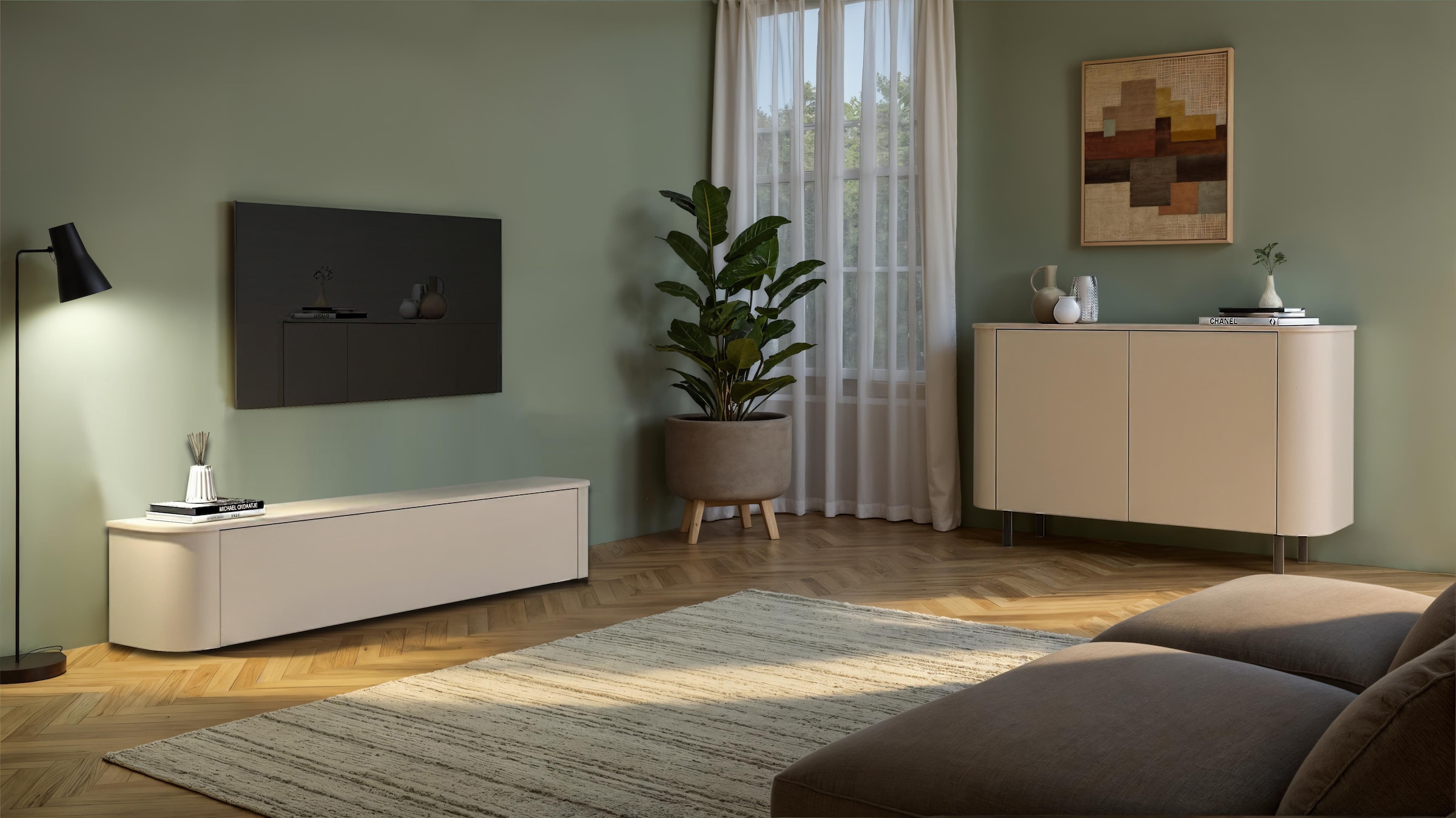 GOODproduct Lowboard »Lido, 181 cm breit, 1 Klappe, TV-Schrank, TV-Kommode, Medienboard« Formgebogenes MDF, Stirnseiten Rundung, Push-to-open, hängend/stehend