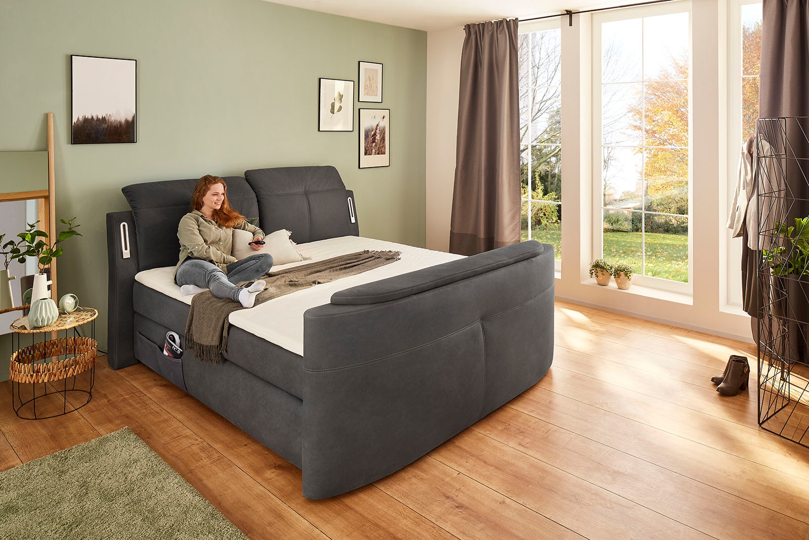 Jockenhöfer Gruppe Lit boxspring »MOVIESTAR, mit Taschenfederkernmatratze H3-H4, inkl. LED-Beleuchtung« revêtement en tissu structuré ou en microfibre au choix, 180x200cm
