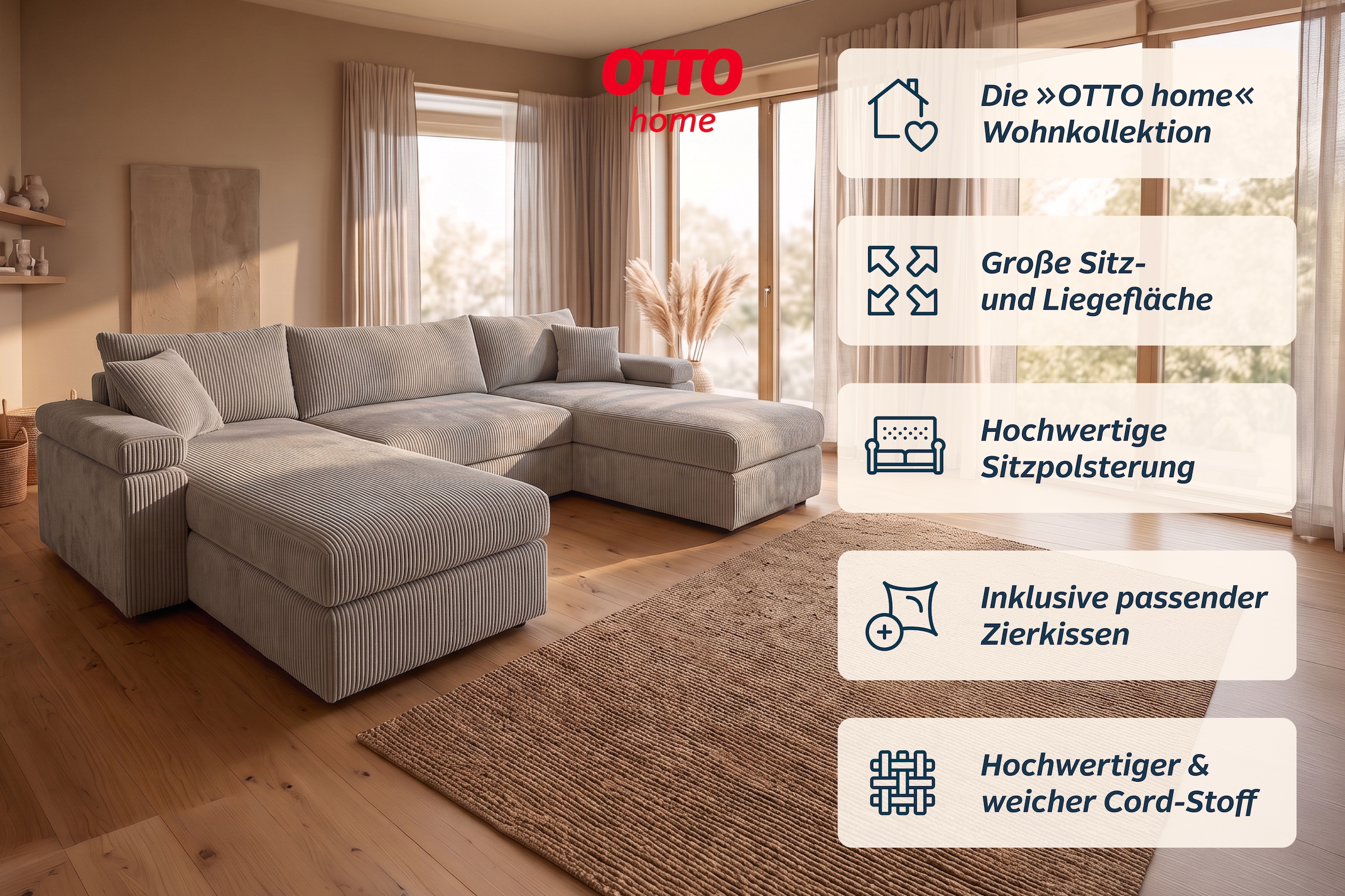 GOODproduct Paysage de salon »Cosy U-Form, B: 309 cm, XXL-Wohnlandschaft mit Federkern« 2 coussins décoratifs, Mega-Sofa, velours côtelé ou structure douce, rembourrage en mousse froide