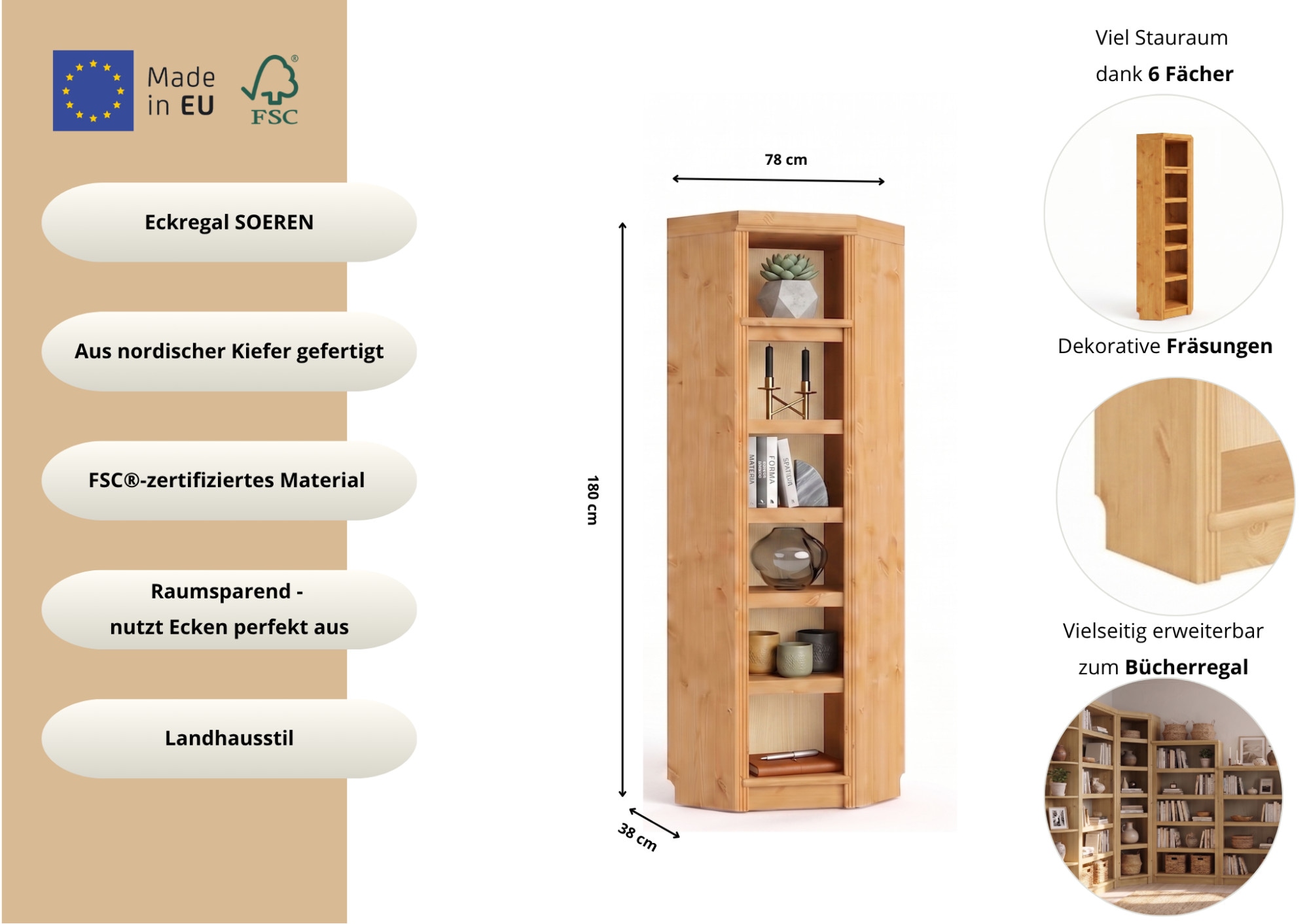 GOODproduct Étagère d'angle »Soeren Regal Höhe 220 cm, massive Kiefer, FSC®-zertifiziert« adapté aux étagères Soeren d’une profondeur de 29 cm