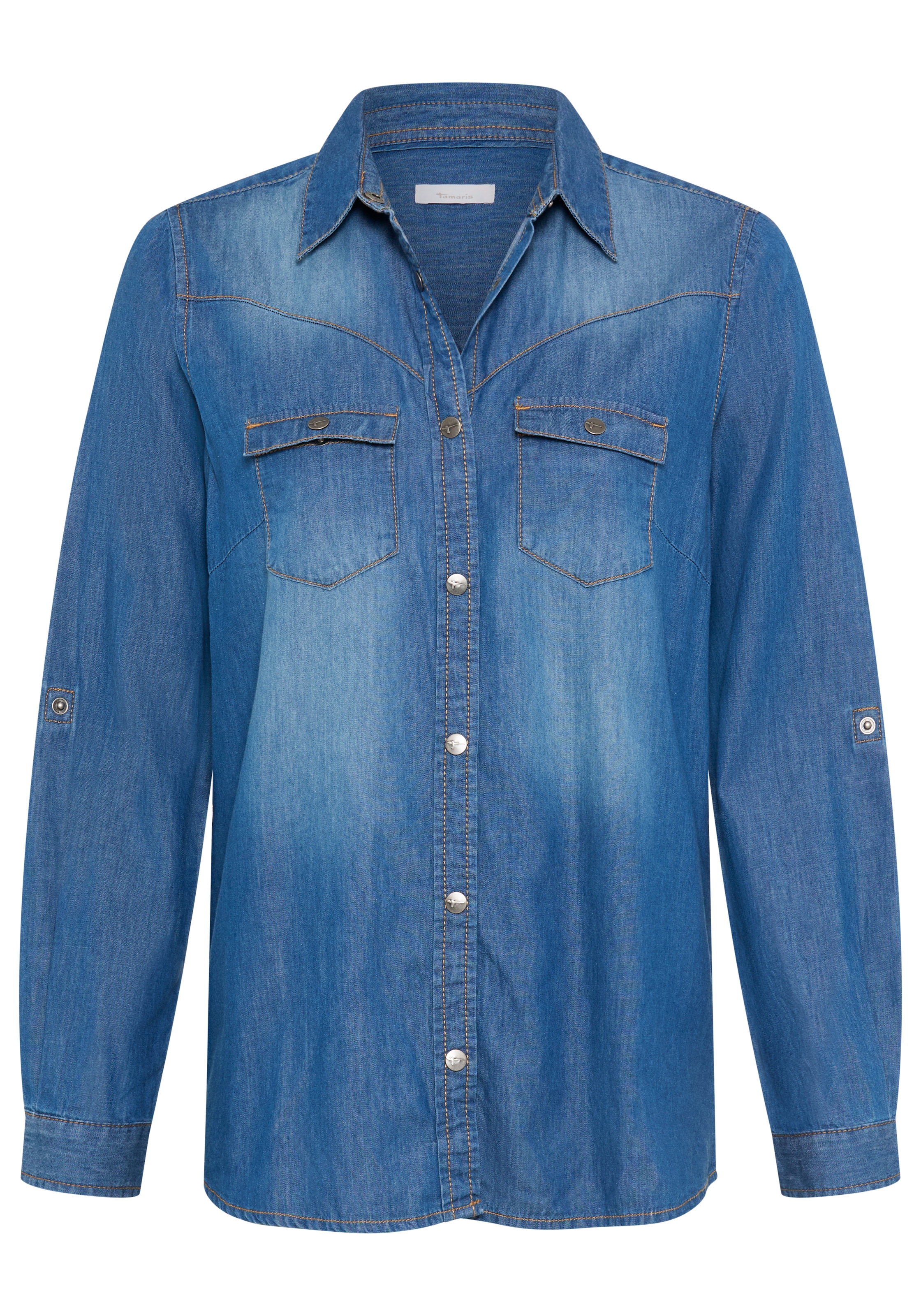 Tamaris Blouse en jean »mit praktischen Details, hohem Tragekomfort« avec col chemise, coupe régulière, uni