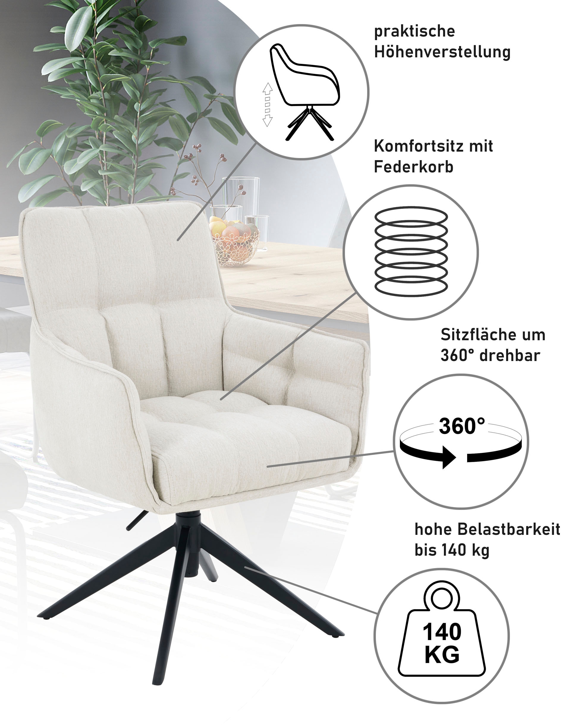 HELA Chaise pivotante »POMBA« () 1 cuis360° drehbar, höhenverstellbar, Federkorb, Armlehnen, 140kg belastbar
