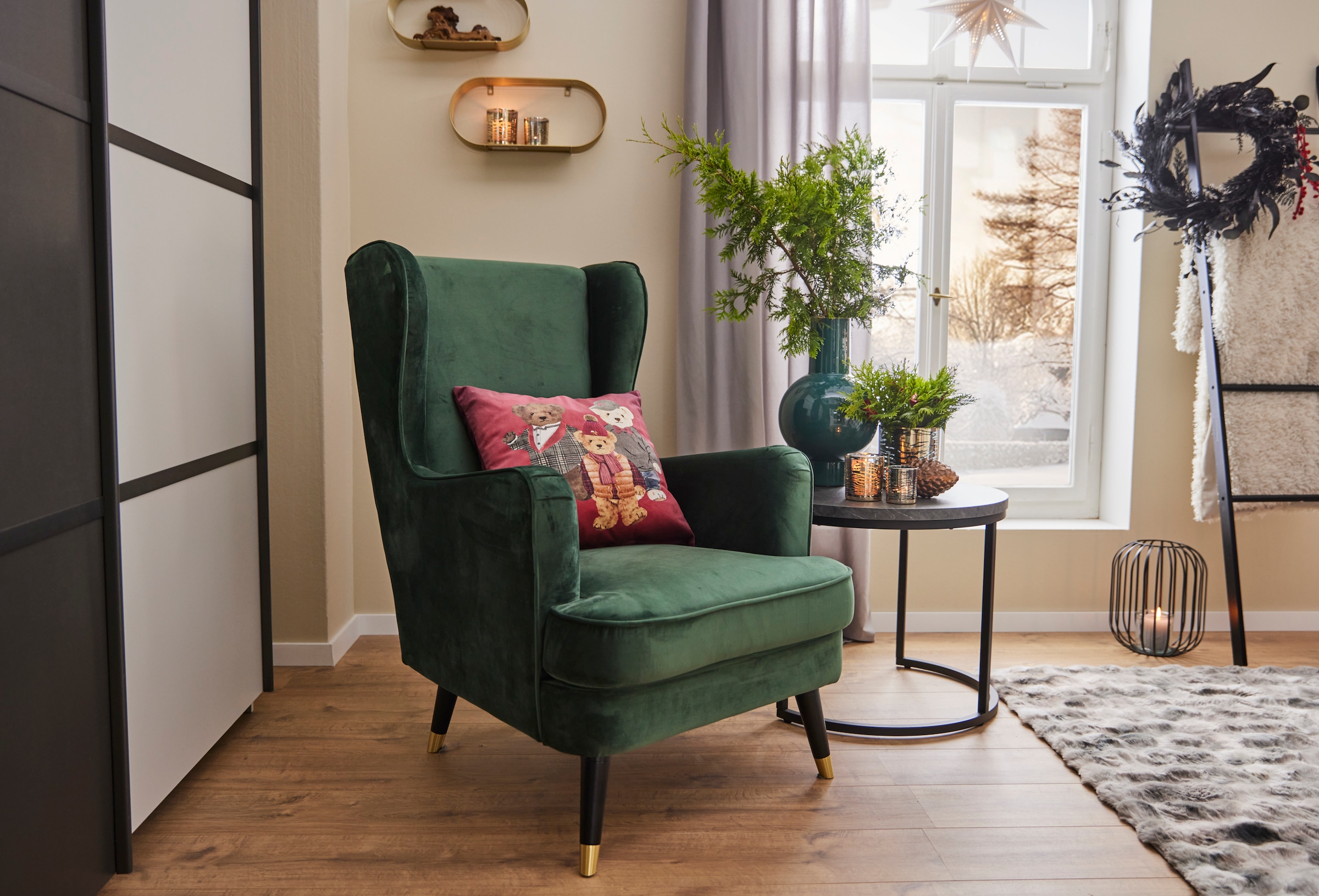 Home affaire Ohrensessel »ZILLER, TV-Sessel, frei im Raum stellbar, in Cord und Samtvelours,« Holzfüsse mit dekorativen Metallhülsen, Traumhafter Relaxsessel