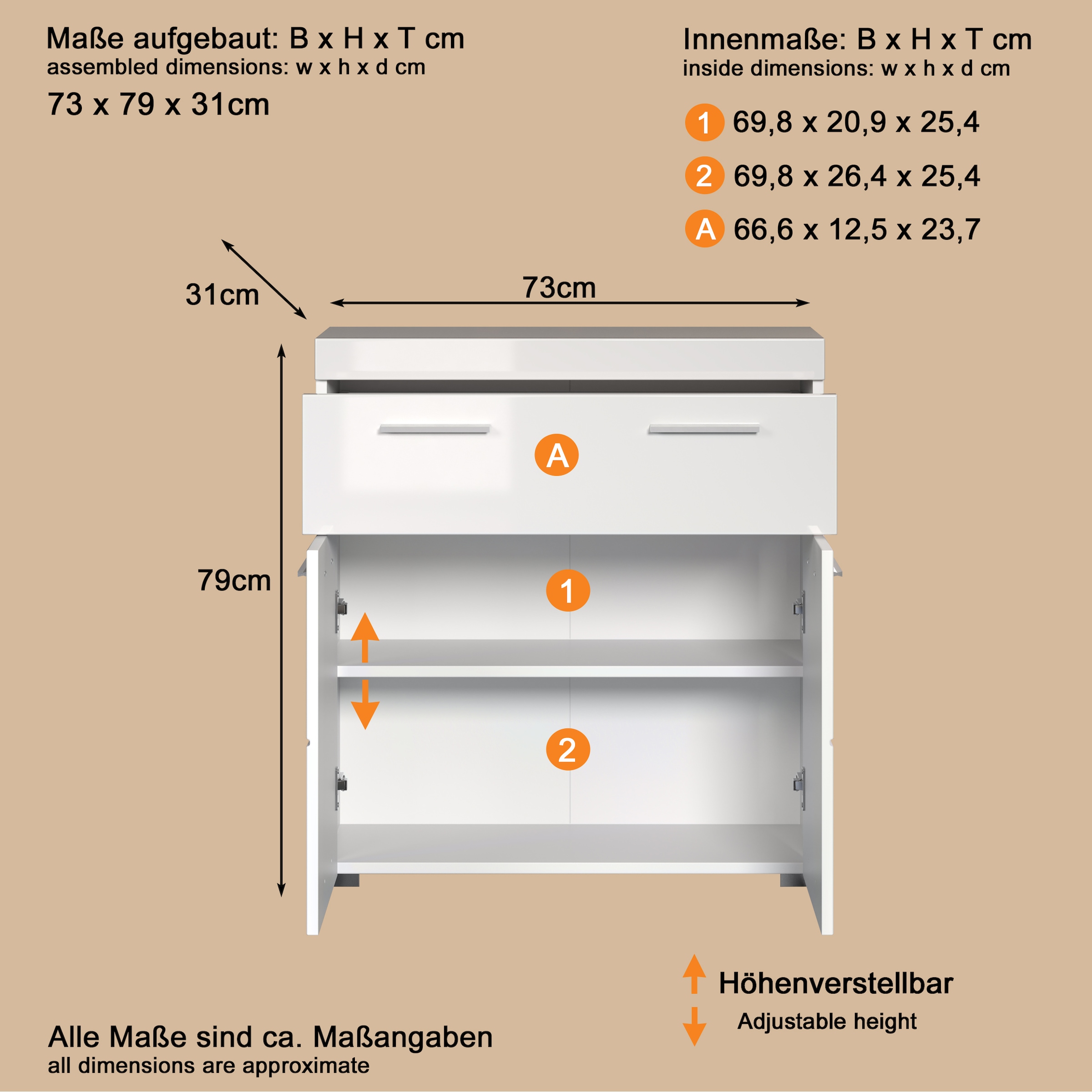 welltime Unterschrank »Avena« Standschrank mit 2 Türen, 1 Schublade - (B/T/H) 73/31/79 cm