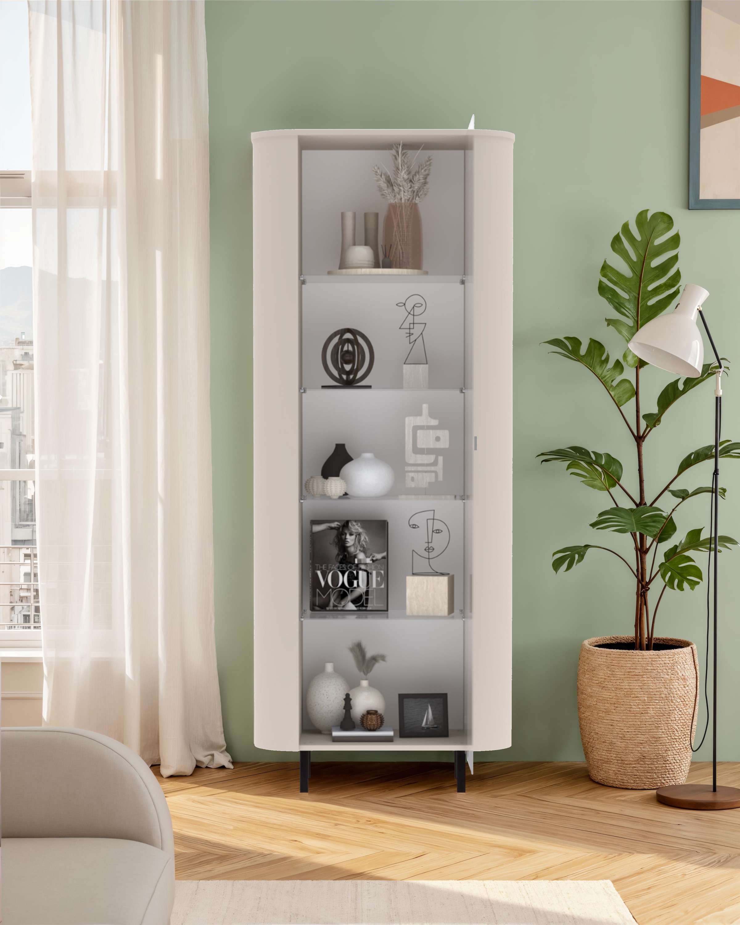 GOODproduct Vitrine »Lido, Standvitrine 200 cm hoch, 1 Tür, Glasvitrine, Vitrinenschrank« Gebogenes MDF, Stirnseiten mit Rundung, Metallfüsse, dekorativ & edel