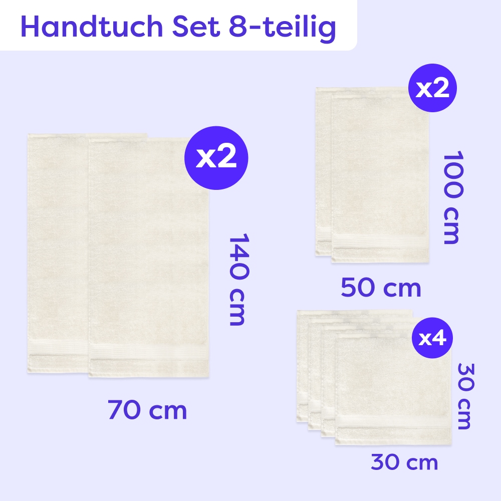 Wolkenfeld Handtuch Set »Premium Low-Twist Baumwolle 550 g/m² – 8-teilig mit Waschlappen« 8 tlg. Frottier 2 Badetücher, 2 Handtücher gross & 4 Waschlappen