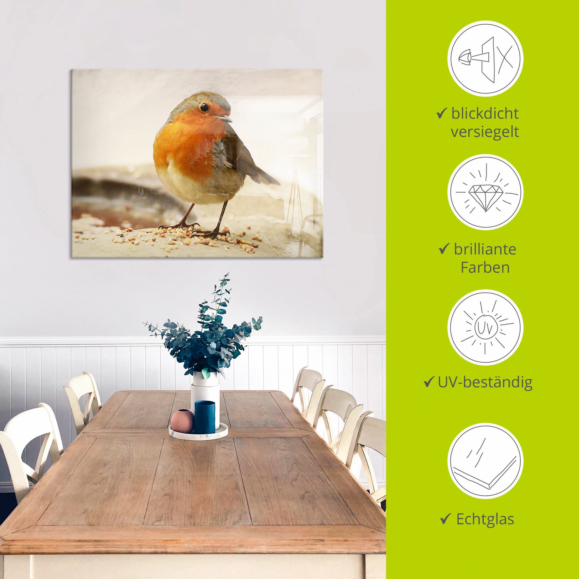 Artland Tableau en verre »Rotkehlchen« 1 cuis tlg. in verschiedenen Grössen