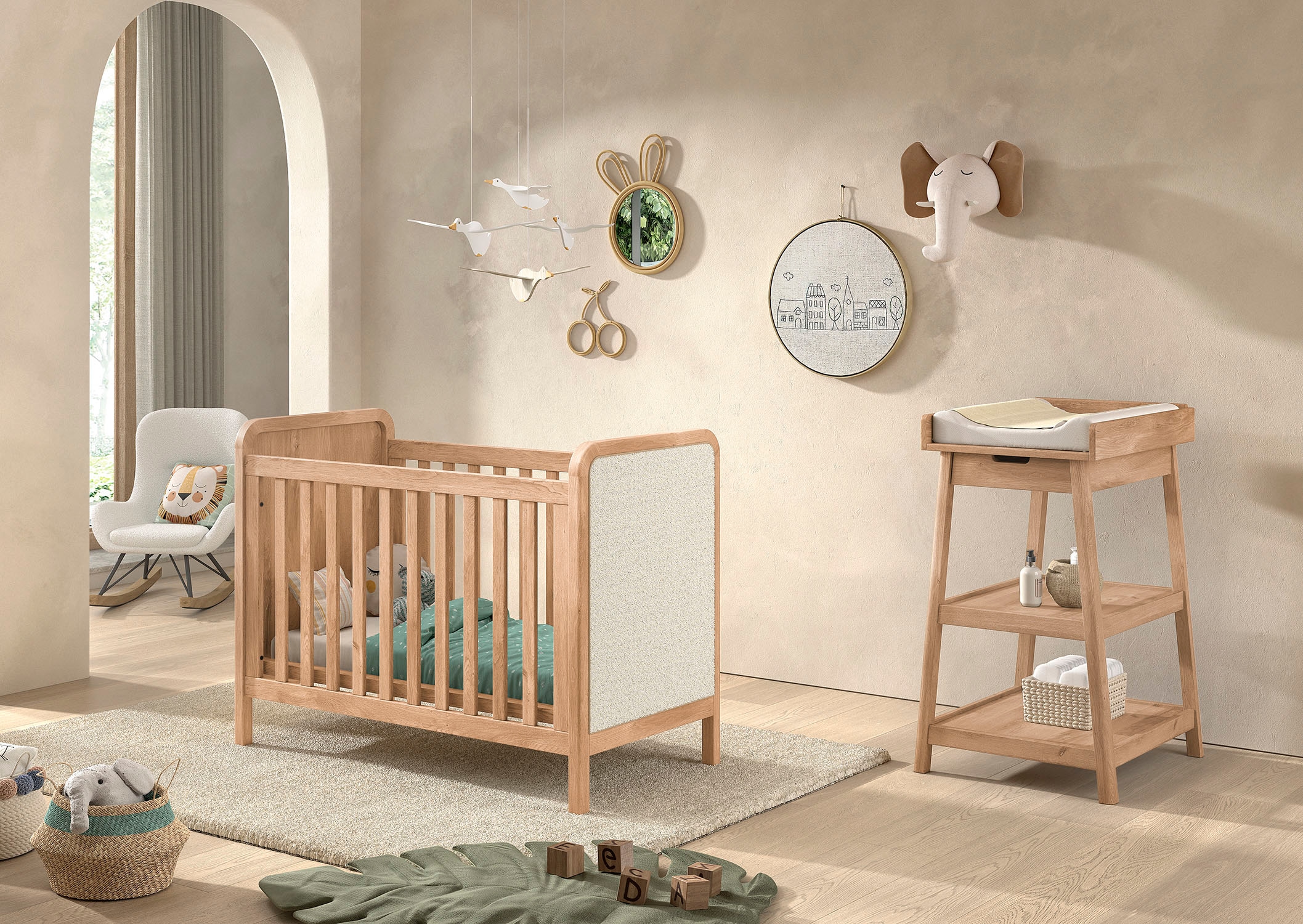 Vipack Babymöbel-Set »Woods best. aus Babybett 60x120 cm und Wickelregal« 2 tlg. geräumige Ablageflächer, Bett wahlweise mit Rattan oder Bouclé Optik