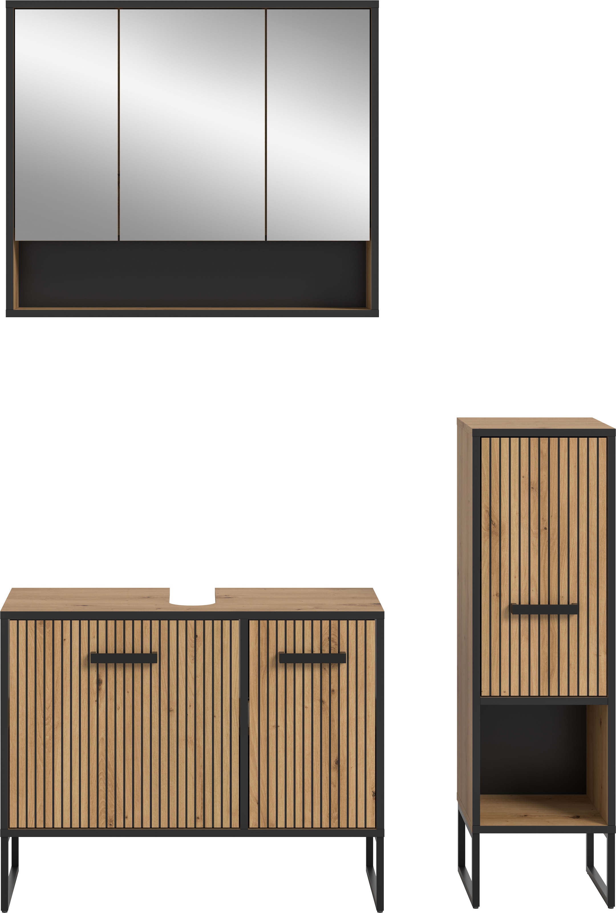 welltime Ensemble de meubles de salle de bain »LOCRI, 3-tlg. Badkombination, Breite 125 cm, Rillenoptik, Metallkufen« composé de : meuble sous lavabo, armoire miroir et armoire sur pied, 3 cuis tlg.