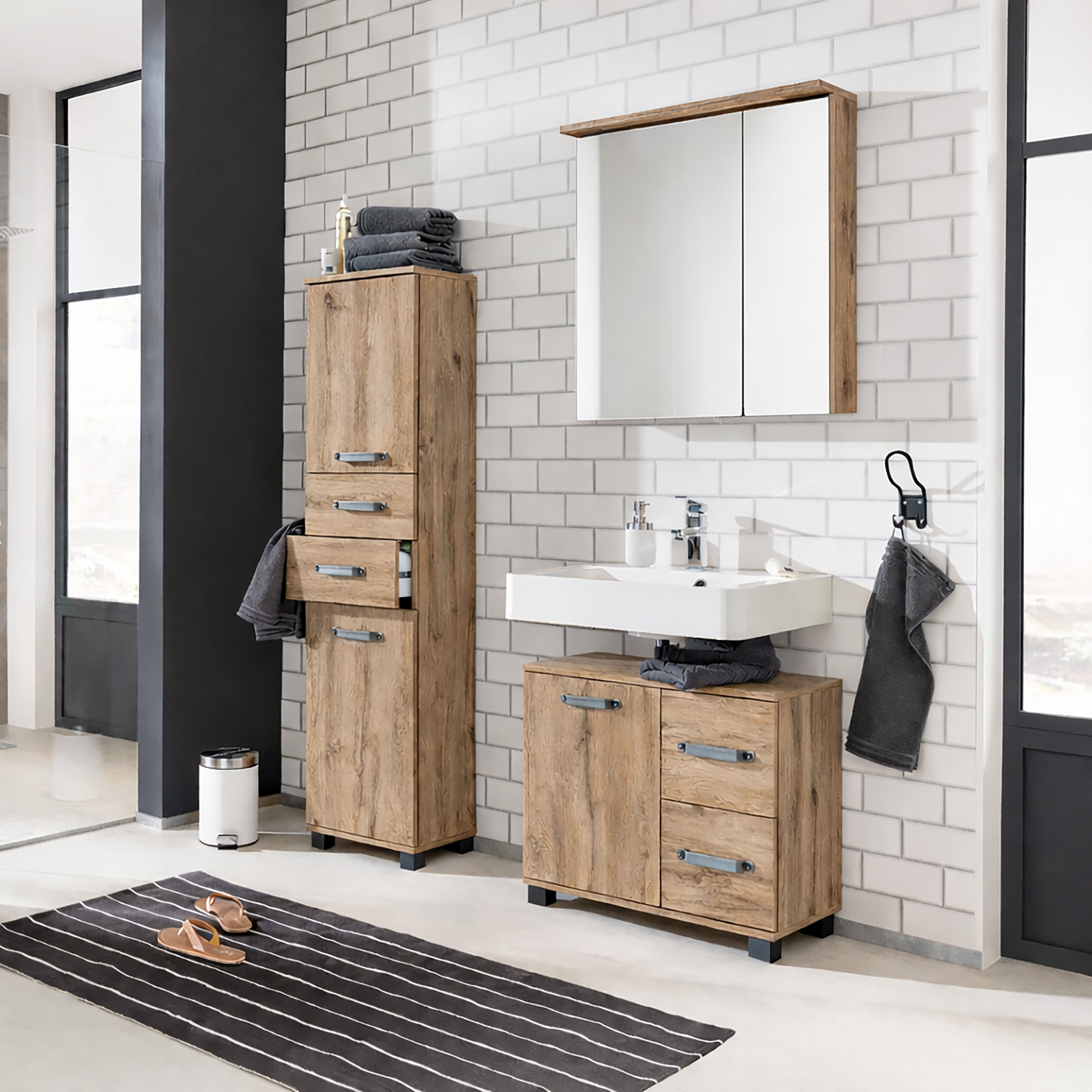 Schildmeyer Armoire sous lavabo »Milan« Breite 65 cm, mit 1 Tür & 2 Schubladen, Tür mit Anschlagdämpfern