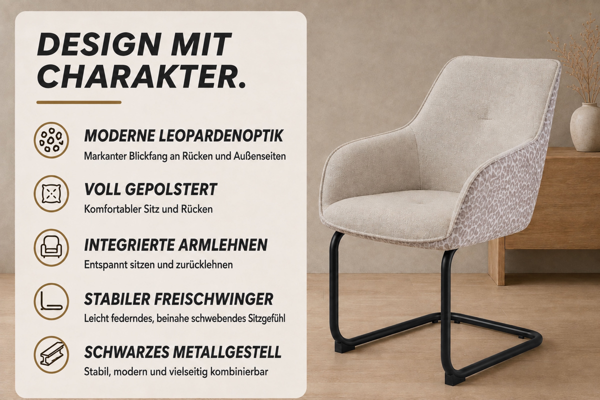 GOODproduct Chaise cantilever »Albany, 2er-Set« (Ensemble) 2 cuismoderner Freischwinger mit Leopardenlook und hochwertigem Webstoff