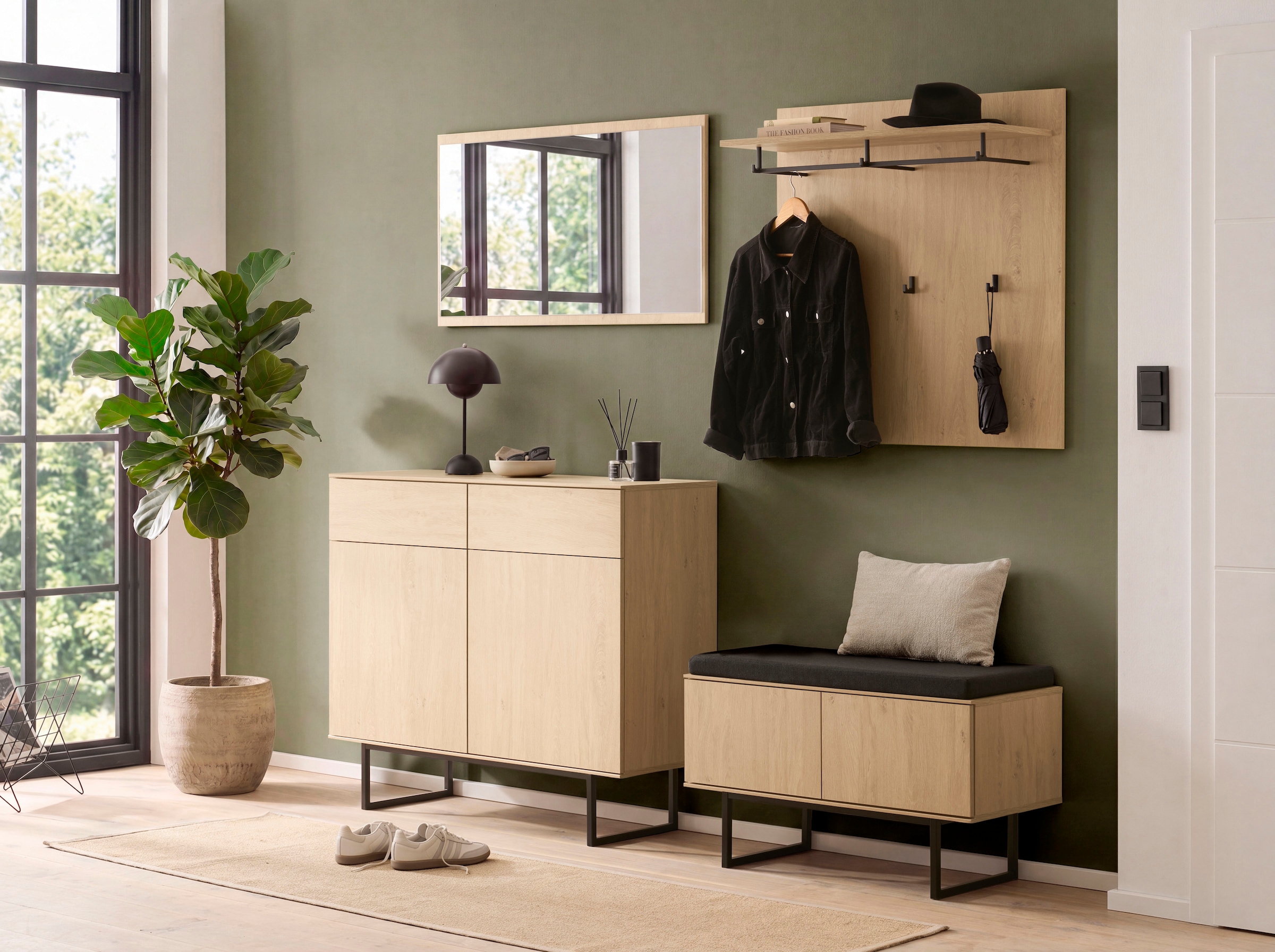 Home affaire Schuhbank »Lund, Garderobenbank mit Klappen, moderne Sitzbank, Polsterbank« viel Stauraum, Platz für ca. 6 Paar Schuhe, 90 cm breit