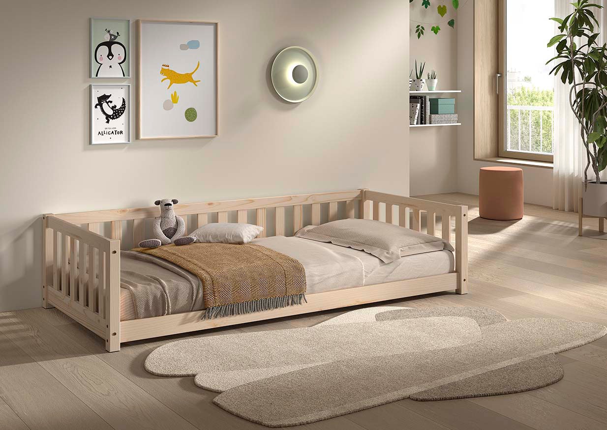 Vipack Lit d'enfant »Dallas, Massivholzbett, umbaubar vom Boden- zum Daybett« Incl. sommier à lattes roulantes et cadre à barreaux, largeur 90 ou 140x200 cm,  construction stable et solide, en pin massif naturel ou blanc au choix