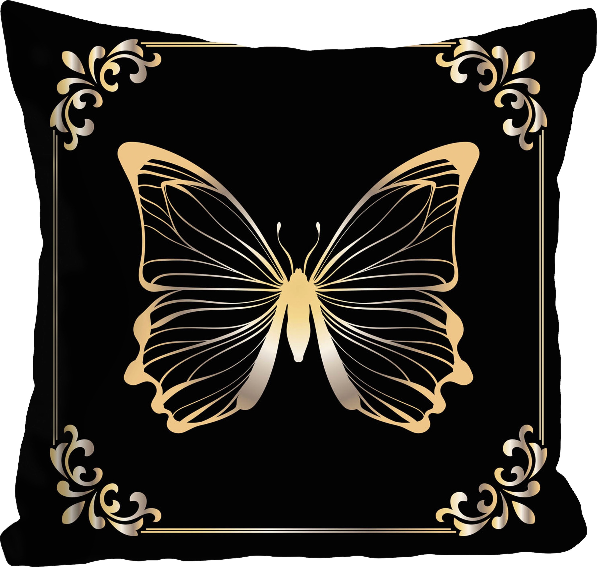 queence Dekokissen »Pascal« Kissenhülle,Schwarzer Hintergrund,Goldener Schmetterling,Eleganz