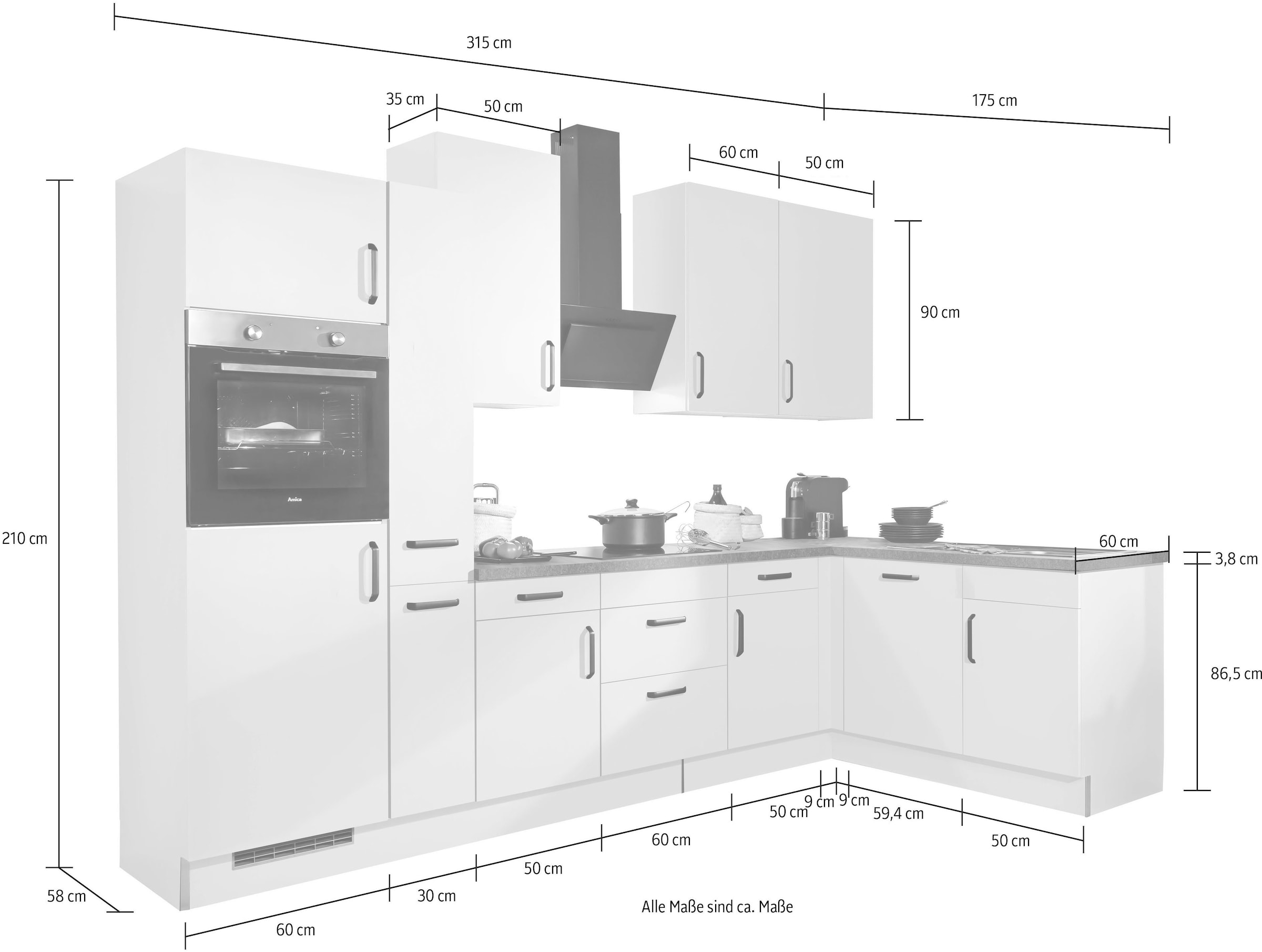 wiho Küchen Winkelküche »"Simi", mit verstellbaren Füssen, wahlweise mit E-Geräten« Soft-Close-Funktion in Schubkästen & Auszügen, Stellbreite 315/175 cm