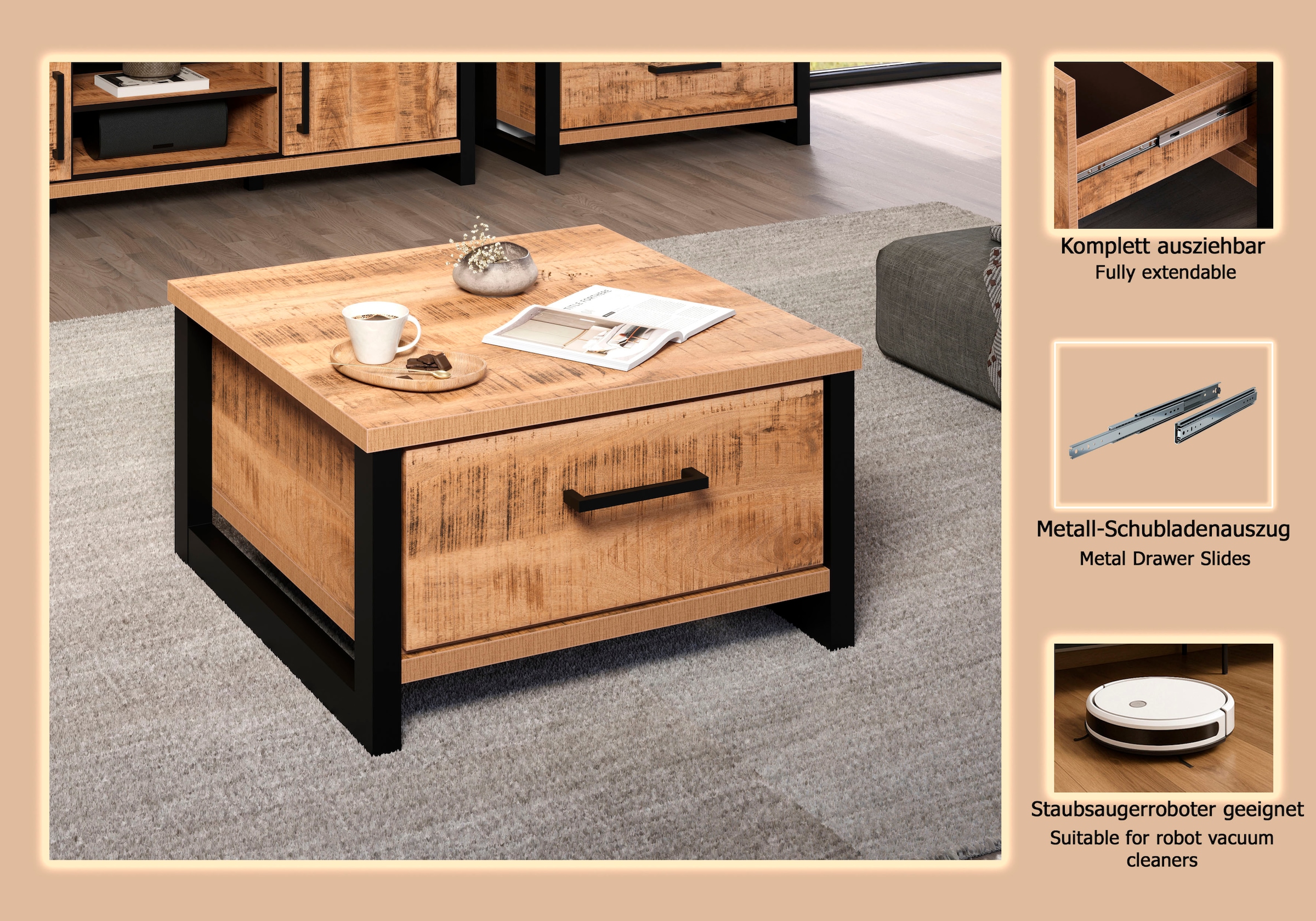 Home affaire Table basse »Elda« 1 cuis tlg. Couchtisch mit 2 Vollauszug Schubladen – (B/T/H) 80/80/45 cm