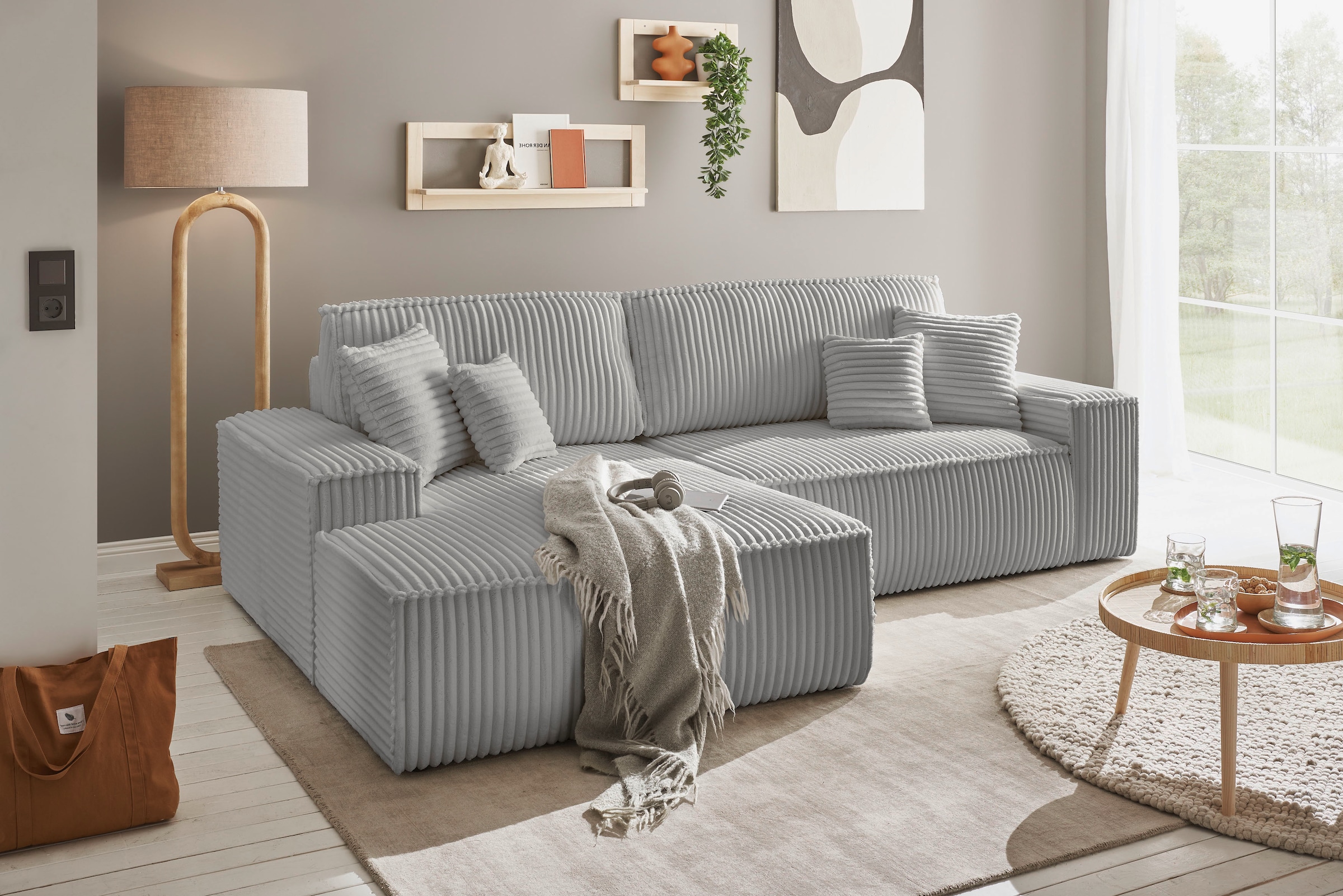 GOODproduct Ecksofa »FINNLEY, L-Form 257 cm, Schlafsofa« mit Bettkasten, in Bouclé, Struktur fein und Mega Cord